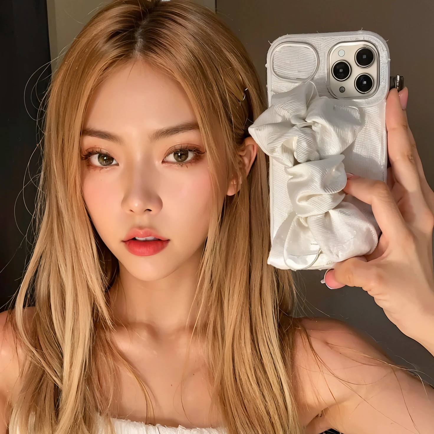 There's a woman taking a selfie with her cell phone, Jossi de Blackpink, Parque Roseanne de Blackpink, Blackpink Jennie, Lalisa Manoban de Blackpink, Cl, iPhone selfie, Lalisa Manobal, Eva Elfie, Su cabello es blanco, Taejune Kim, portrait of Jossi de Blackpink, Peinado blanco de corte hime, Shikamimi