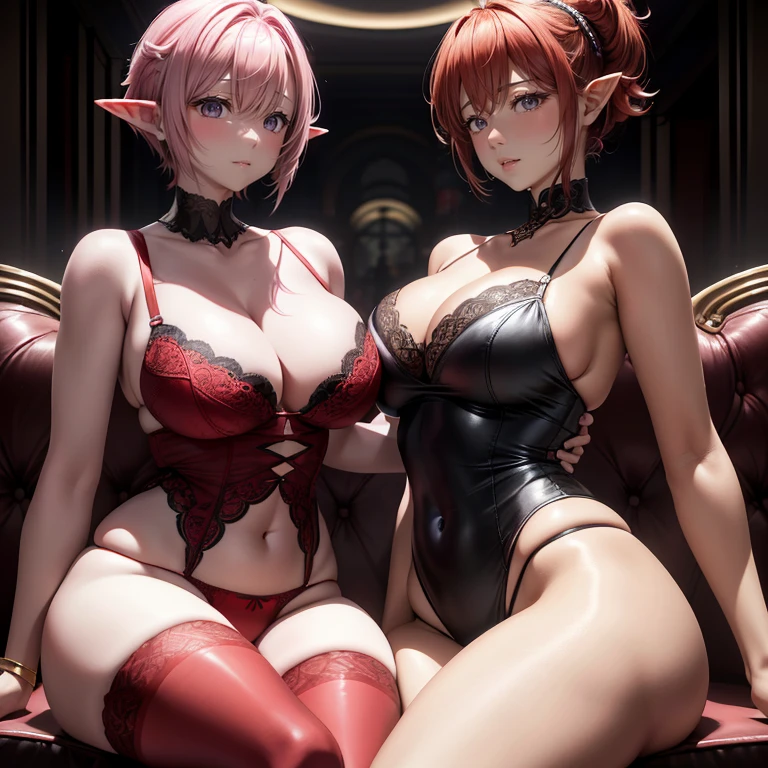(top-quality,High resolution,(Ultra high definition,4K), (超A high resolution,in 8K),masutepiece:1.2), (Perfect Anatomy,Anatomically accurate), (Angle from below), (Soft lighting, rendered), ((cute elf mother and daughter)), ((Sitting on a sofa in the lobby of a luxury hotel, Turn away and turn around)), ((High School Sailor Uniform)), ass forcus, (Red lace panties), (fascinated expression), (Crisp double eyelids), (Large breasts:1.3), (Soft skin), (Photorealistic), (Glowing skin), (pinkhair), (Pixie Cut)