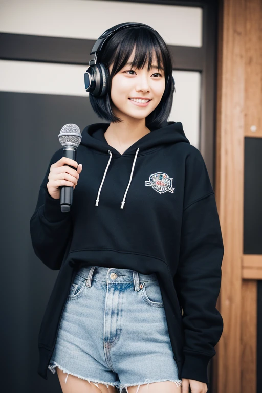 8k,beautiful,Grin,19 years old, Bob with bangs, Black hair, Medium Hair, Room, Hoodie, Japanese, Voice actor, headphone, speak at a microphone, real, photo real, realistic Japanese cute, 8k, RAW photo, best quality, masterpiece, realistic, photo-realistic, clear, professional lighting, beautiful face, best quality,ultra high res, Style: hyper-realistic photograph, (with a book in hand), microphone, (front of microphone), read a book, Sony α7, 35mm Lens, f1.8, medium format, soft lighting, by Daniel F Gerhartz, intricate, super highly detailed, trending in pinterest, sharp focus ,portrait photography,detailed skin,real person