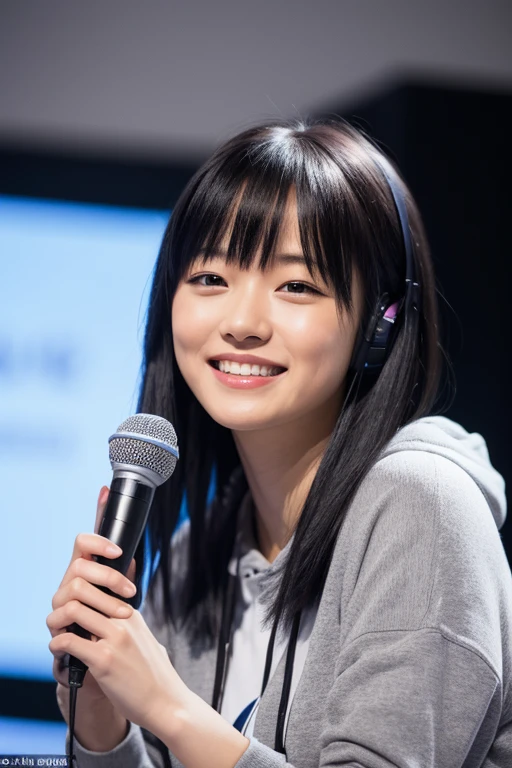 8k,beautiful,Grin,19 years old, Bob with bangs, Black hair, Medium Hair, Room, Hoodie, Japanese, Voice actor, headphone, speak at a microphone, real, photo real, realistic Japanese cute, 8k, RAW photo, best quality, masterpiece, realistic, photo-realistic, clear, professional lighting, beautiful face, best quality,ultra high res, Style: hyper-realistic photograph, (with a book in hand), microphone, (front of microphone), read a book, Sony α7, 35mm Lens, f1.8, medium format, soft lighting, by Daniel F Gerhartz, intricate, super highly detailed, trending in pinterest, sharp focus ,portrait photography,detailed skin,real person