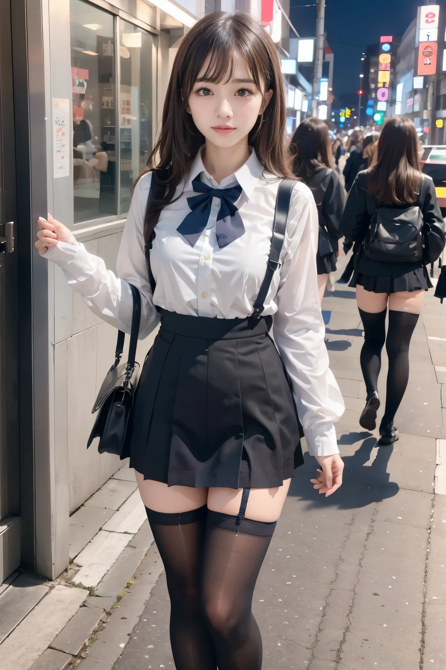 high-angle shot、street snap、A baby face wearing a short skirt and bow tie standing on a neon street in the middle of the night(Tall)There are 3 gal women of、(3 girls)、Phenomenally cute schoolgirl、Guts Pose、micro sailor uniform、Winter clothes、Japanese school black uniform、large udder、Big cleavage exposed、Girl in a surreal female uniform、Wearing a dark blue uniform、Schoolgirl Pose、full body Esbian、Nice skin、glistning skin、lovely thighs、long legged、(wide thighs)、(Micro Mini Skirt)、glowing thigh、With garter、(opaque black knee high socks)、((all hands)(I definitely wear black knee socks that go above the knee.))、I'm wearing leather shoes、High School in Japan 、乃木坂アイドル、韓国アイドル、Invite you inside、Inviting eyes