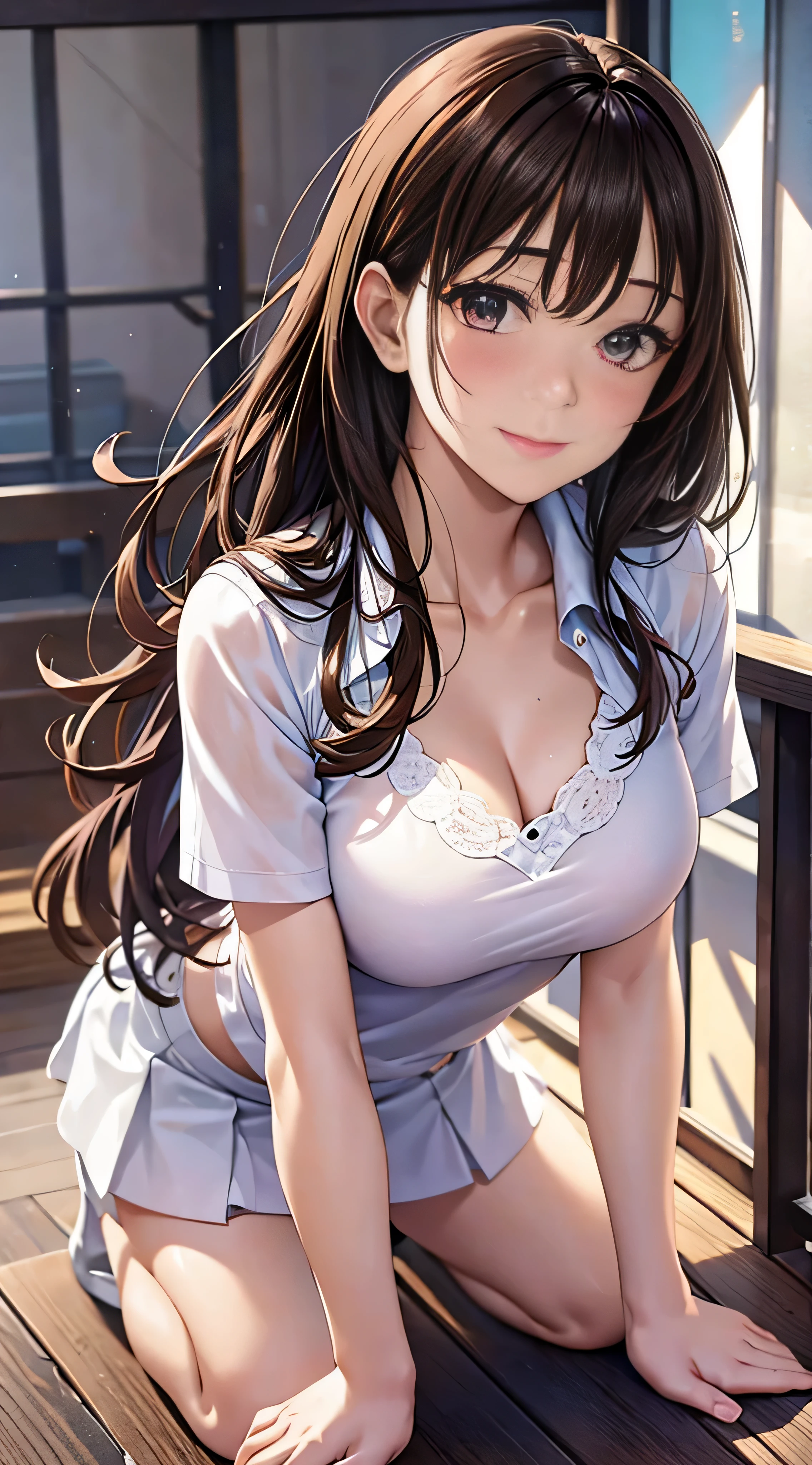 ((masutepiece, Best Quality, hight resolution, nffsw, Perfect Pixel, 4K, nffsw, nffsw))), 1girl in, Single, Solo, Beautie、full body seen、 ((Middle Wave Hair, Bangs, Brown hair)), ((Brown-eyed, Beautiful eyelashes, Realistic eyes)), ((Detailed face, Blushing:1.2)), ((Smooth texture:0.75, Realistic texture:0.65, Photorealistic:1.1, Anime CG style)), medium breasts, Dynamic Angle, Perfect body, White tennis wear, Shirts with short sleeve collar、pleatedskirt,breasts looking、(no-bra)、、, tennis coat、during daytime、all-fours、Looks Back、Transverse breasts、Very embarrassing panic smile、(Pink lace panties)、