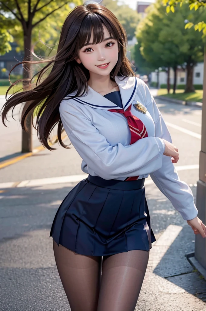 Best Quality, masterpaintings, best qualtiy, Photorealsitic, ultra-detailliert,dynamic light and shadow,hight resolution, 1人の女性, hi-school girl、Smiling、shiny brown hair, 、Navy sailor suit、She is wearing 120 denier black pantyhose.、A slender、 slender、Blur the background