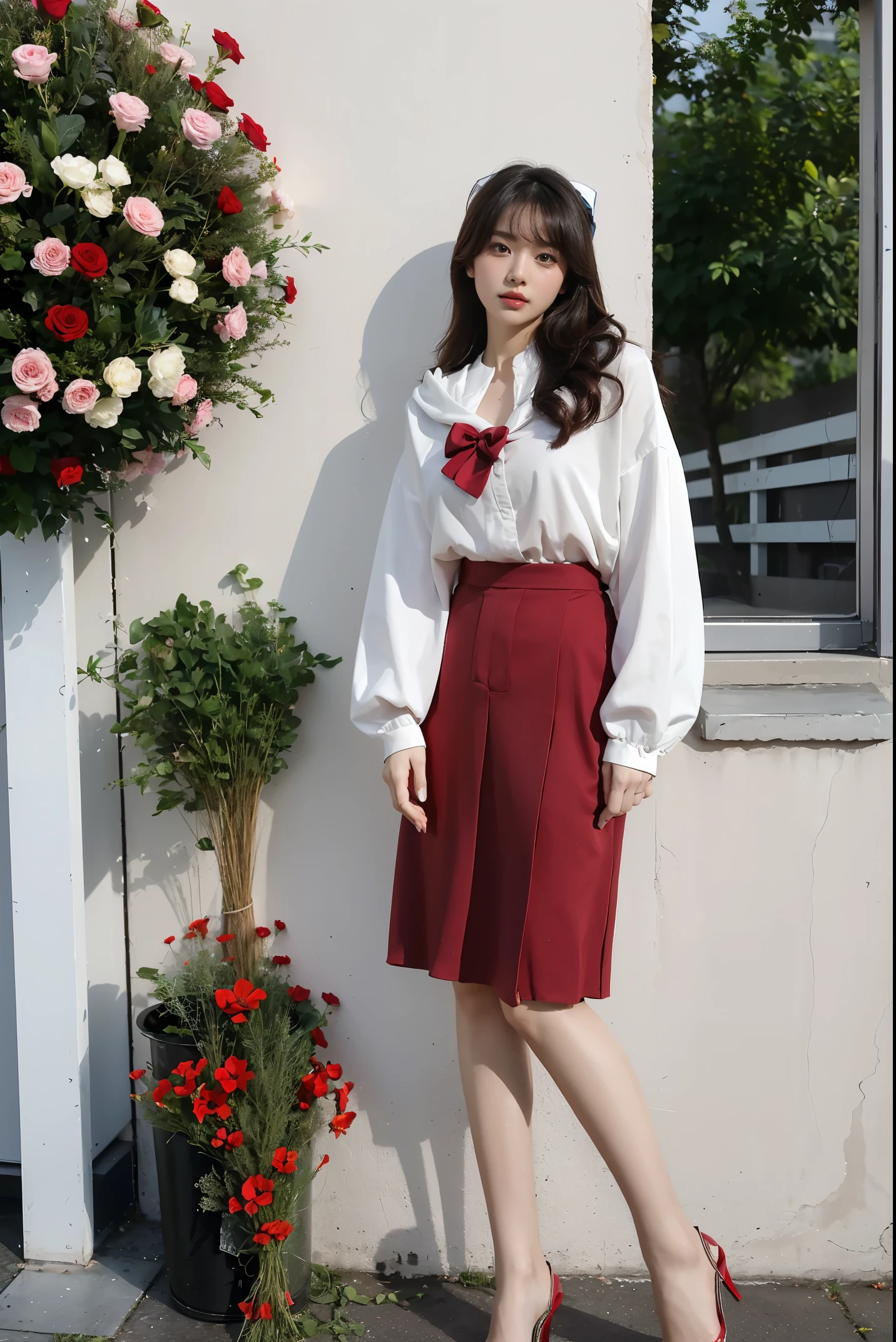 tmasterpiece, Best quality at best, 1个Giant Breast Girl, Alone, long_the hair, lookingat_Show on the_peeping at the viewer, white the hair, red eyes, ssmile, By bangs, a skirt, The shirt, long_the sleeve, hShow on the, a skirt, the bow, ngel, deactivated_beak, florals, decor, the hair_florals, florals瓣, florals束, ngel_florals, centre_decor, Hood, ngel_florals束, Standing painting, full bodyesbian, white backgrounid,