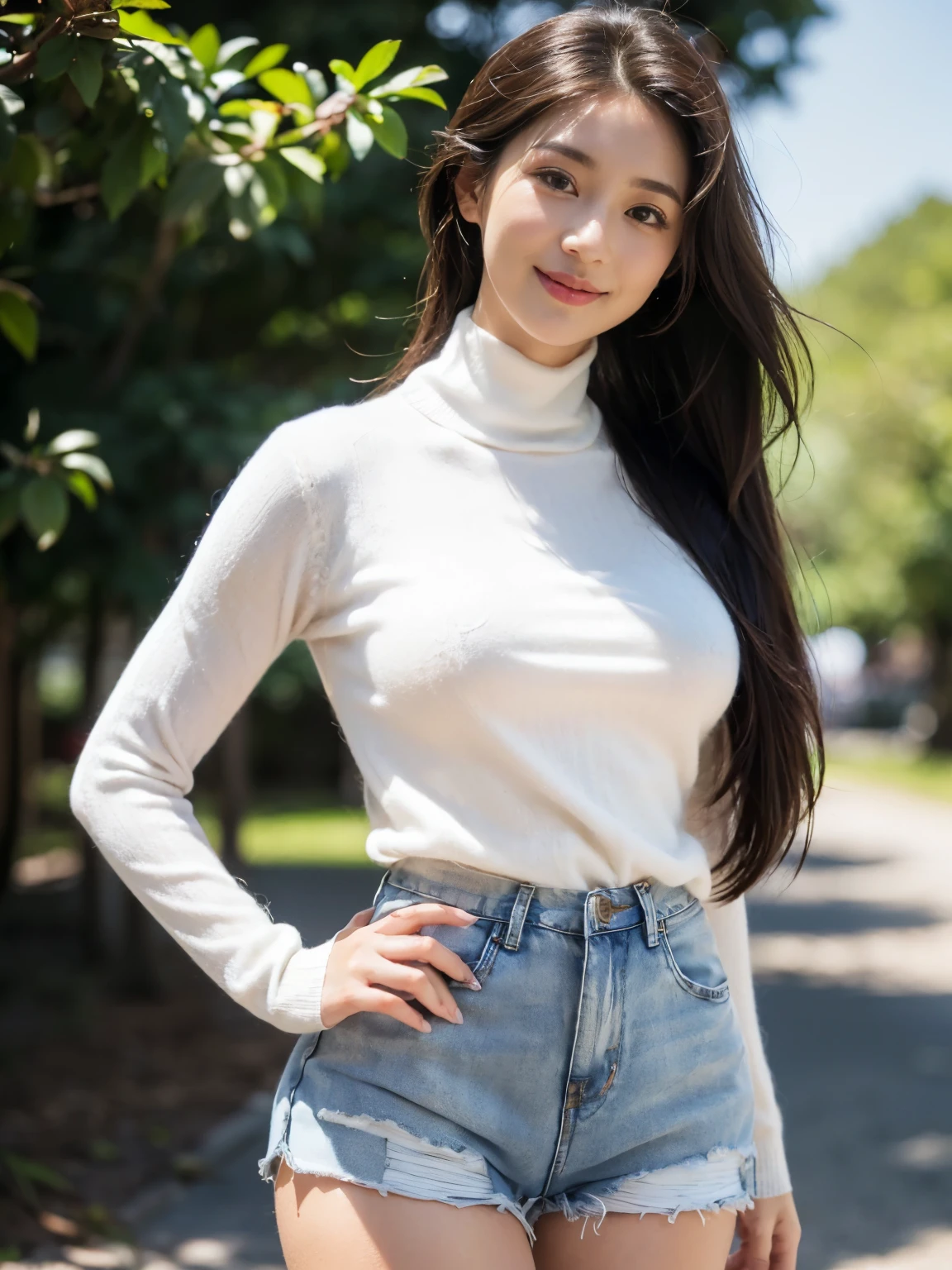 ((((top-quality))))、(((Ultra Precision CG16K Wallpapers)))、(((masterpiece)))、(((ultra-detailliert)))、(((Ultra-extreme details)))、1Man Woman、a matural female、a 25yo woman、((Japanese face))、((extremely beautiful face))、((sasaki nozomi:1.5))、((Straight semi-long hair:1.3))、(shinny hair)、Bangs up to the eyebrows、Beautiful brown hair、Beautiful delicate eyes、Brown eyes、raised eyebrows、lofty nose、small nostrils、small mouth、seductive lips、slightly open mouth、Beautiful breasts、C-cup size breasts、Plump body、perfectly proportions、perfect anatomia、perfect-composition、beautiful detailed shading、Beautiful natural lighting、Beautiful detail glow、depth of fields、(((a high chroma)))、(((realisitic:1.9)))、((Vivid:1.4))、((Beautiful skin))、((Skin texture))、((realisiticな皮膚感))、(((Head-to-thigh shot:1.5)))、((Frontal angle:1.5))、((a smile:1.4))、(Eyes looking at me)、Bright sunshine、(((a park:1.2)))、((standing pose:1.5))、(((Black high neck cashmere sweater clothing:1.5)))、(((White denim fabric shorts wearing:1.5)))、