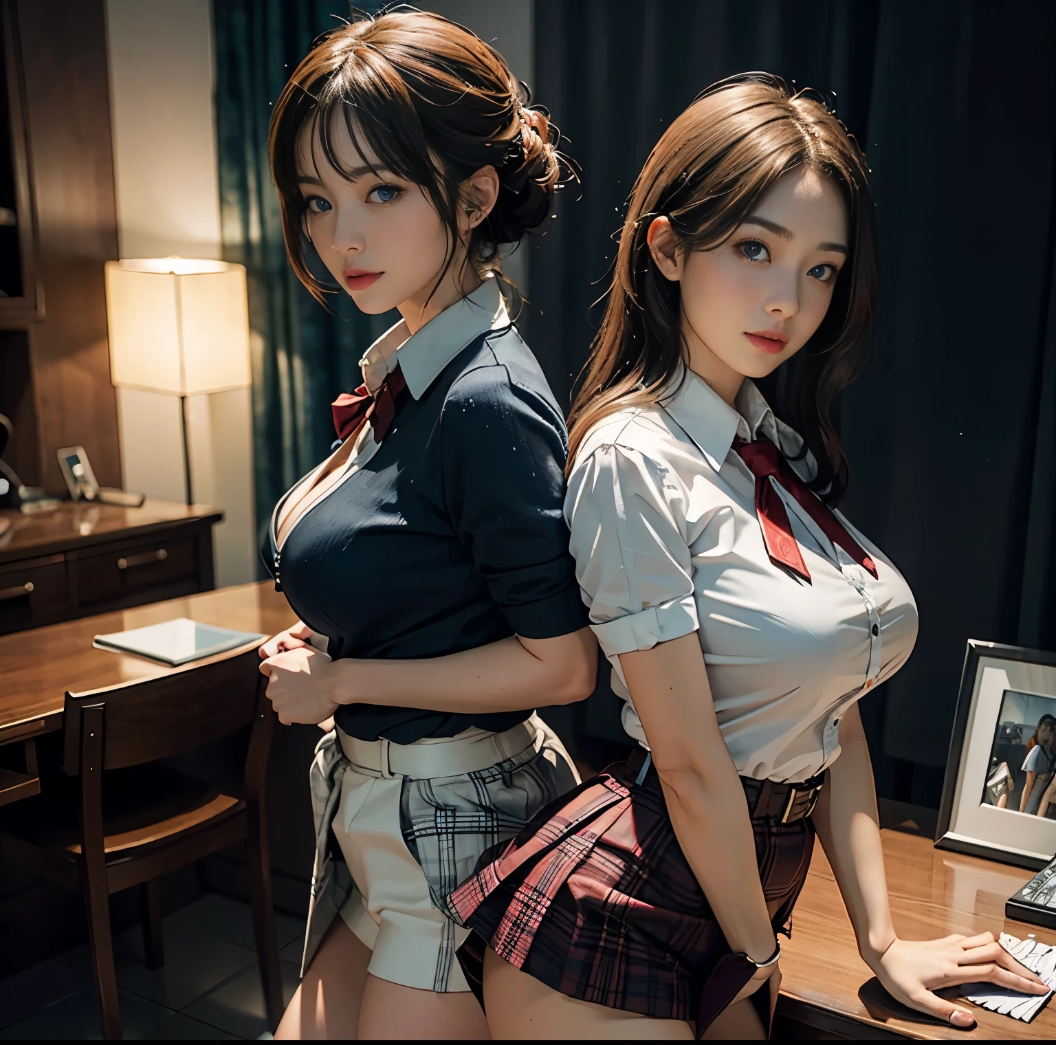 top-quality, 8K picture quality, masterpiece, profetional lighting, (Two women standing), (Perfect body and huge breasts squeezed by clothes:1.2), Whitening Skin, (Blue eyes reflect a lot of light)、 (A tight pure white blouse that hides all of her huge breasts:1.2), ,Crimson Ribbon Tie (Amazingly Short Micro Mini Pleated Tartan Skirt), (Do not expose upper body skin:1.2), Show off your ultra-slim waist from the front, above the knee while standing, White panties, Skirtliftv1