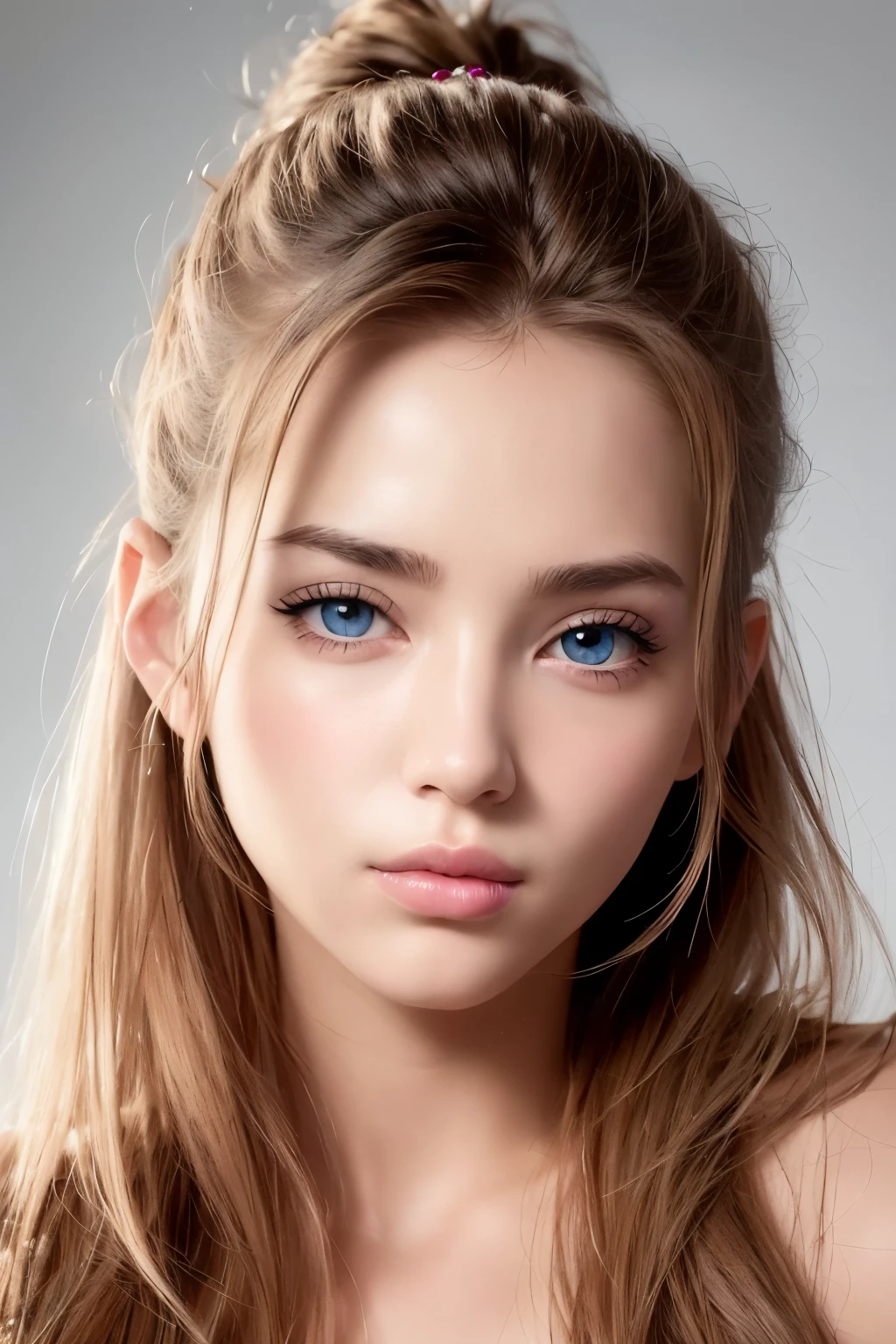 Sexy woman, portrait of face, directly at camera, 18 years old, looking straight at camera, sport, healthy skin, big eyes, big lips, perfect lips, perfect eyebrows, headshot, blond hair, Realistic, Photography, Natural, workout, blue eyes, face shot, portrait, hair up, hair in bun, no bangs, seductive smile