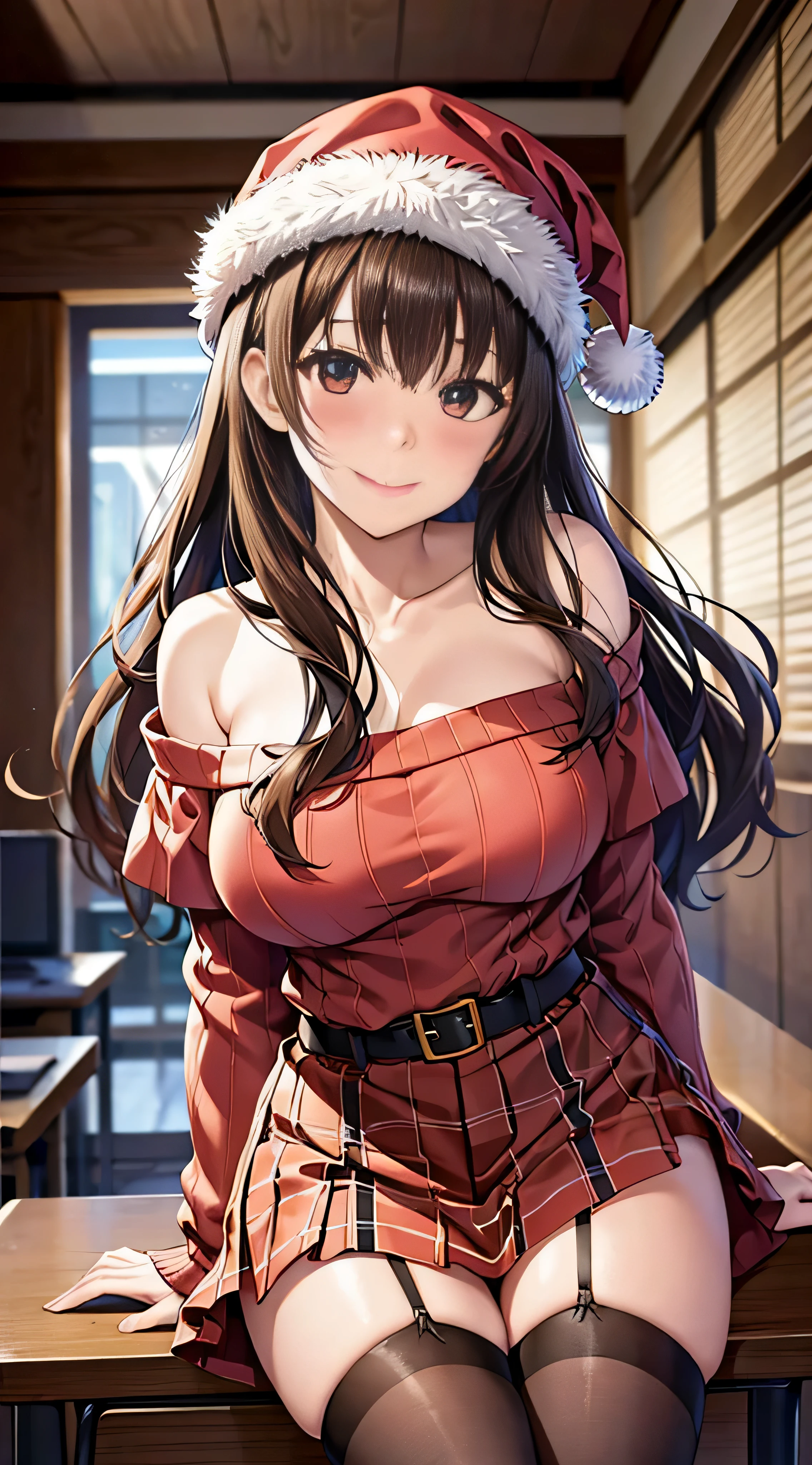 ((masutepiece, Best Quality, hight resolution, nffsw, Perfect Pixel, 4K, nffsw, nffsw))), 1girl in, Single, Solo, Beautie、full body seen、 ((Middle Wave Hair, Bangs, Brown hair)), ((Brown-eyed, Beautiful eyelashes, Realistic eyes)), ((Detailed face, Blushing:1.2)), ((Smooth texture:0.75, Realistic texture:0.65, Photorealistic:1.1, Anime CG style)), medium breasts, Dynamic Angle, Perfect body, ((Santa Claus Costume、Red knitted hat、red and white off shoulder sweater、red and white flared skirt、Black garter stockings、Kamimei、Shy smile、See-through nipples)), Classrooms without people、Sit on a desk、Lower&#39;I took my foot off the desk............................、early evening、、((Angle looking up from below))、Very embarrassing panic smile、Lift your chest with your hands、Open both legs、Open your knees wide、sexy pink floral lace panties)、