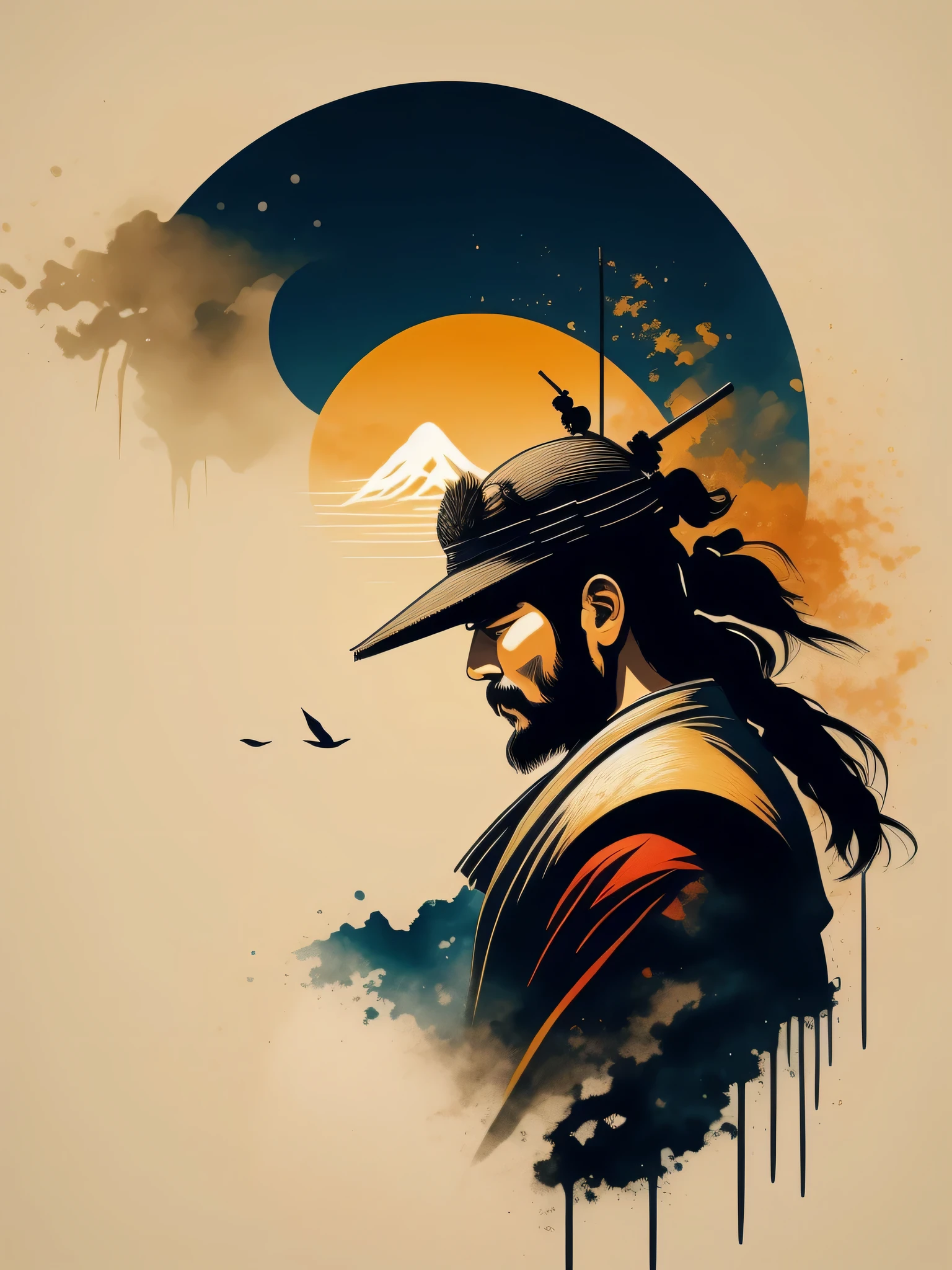 logo, un samurai mirando el horizonte fumandose un cigarrilo, tonalidades doradas y blancas, minimalista