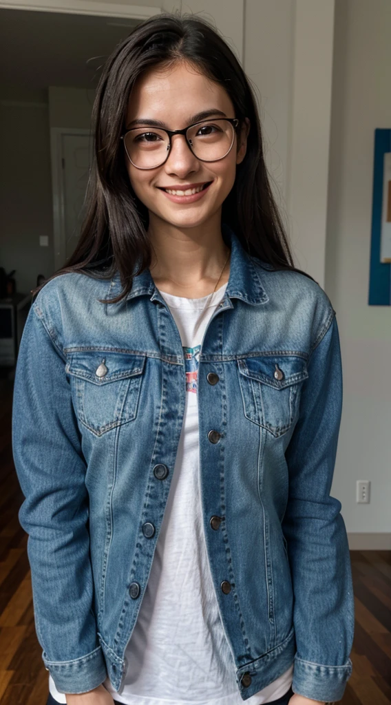 arafed woman with glasses and a denim jacket smiling at the camera, wearing round glasses, infp young woman, cute slightly nerdy smile, petite, diminutive, entire body visible, full body, hyperrealistic, real human skin, best quality, 8K, masterpiece, extremely intricate, detailed eyes, detailed face, detailed body, exaggerated features, pronounced features, fujifilm