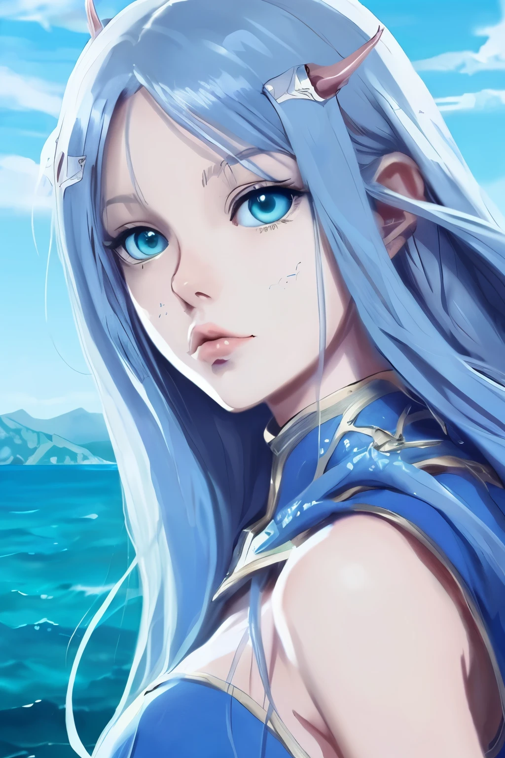 extremely detailed eyes and face perfect anatomy blue sea beautiful girl anime fantasy trident 2d