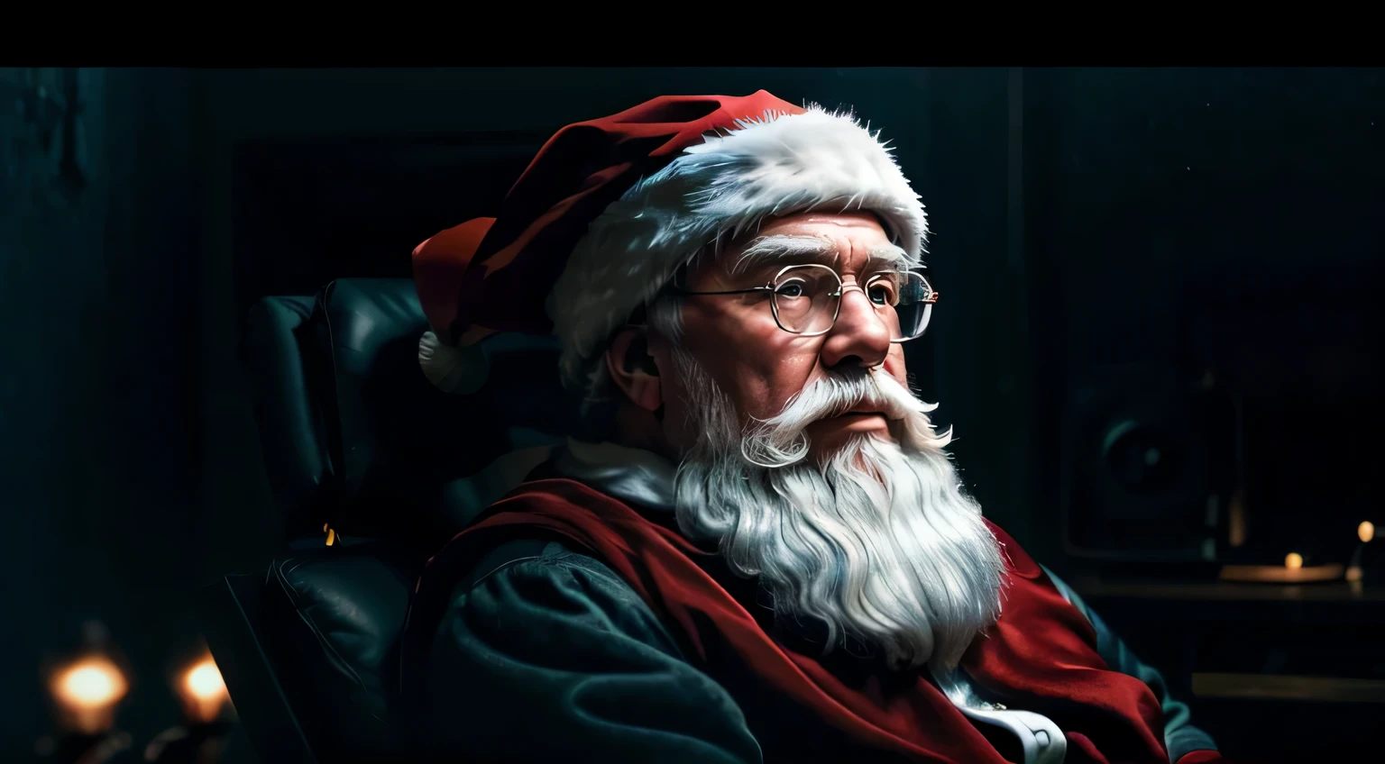 this cinematic masterpiece captures the essence of Ultra-Wide Angle, employing a 25mm lens, Tilt Blur, and a shutter speed of 1/1000. With meticulous attention to detail, it features 32k resolution, Pro Photo RGB, and VR compatibility. The lonely Santa, portrayed in hyper-realistic detail, is illuminated by a blend of natural, incandescent, and optical fiber lighting, creating an unforgettable visual experience.