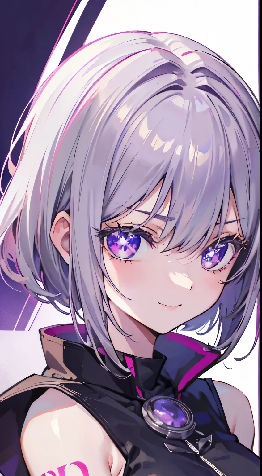 18 year old beautiful girl, purple big eyes,  Petite and slender、slightly large breast, ((Silvery hair,)),(Loose fluffy short bob hair), in 8K, of the highest quality, (Highly detailed head: 1.0), (Very detailed face: 1.0), (very detail hair: 1.0),(Highly revealing black combat uniform), sexy tattoo, Detailed official artwork, anime moe art style, clean detailed anime art, Cool smile