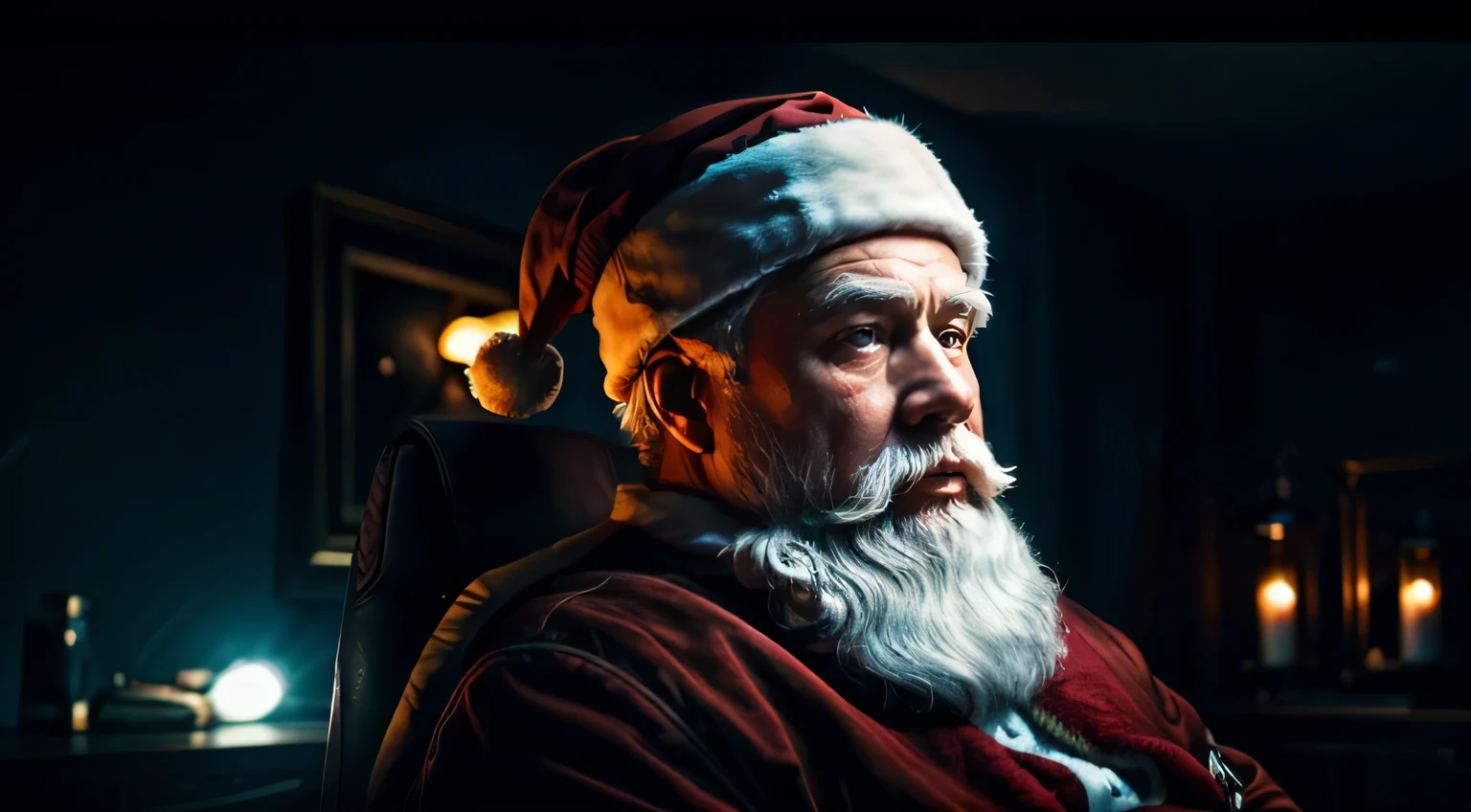 this cinematic masterpiece captures the essence of Ultra-Wide Angle, employing a 25mm lens, Tilt Blur, and a shutter speed of 1/1000. With meticulous attention to detail, it features 32k resolution, Pro Photo RGB, and VR compatibility. The lonely Santa, portrayed in hyper-realistic detail, is illuminated by a blend of natural, incandescent, and optical fiber lighting, creating an unforgettable visual experience.