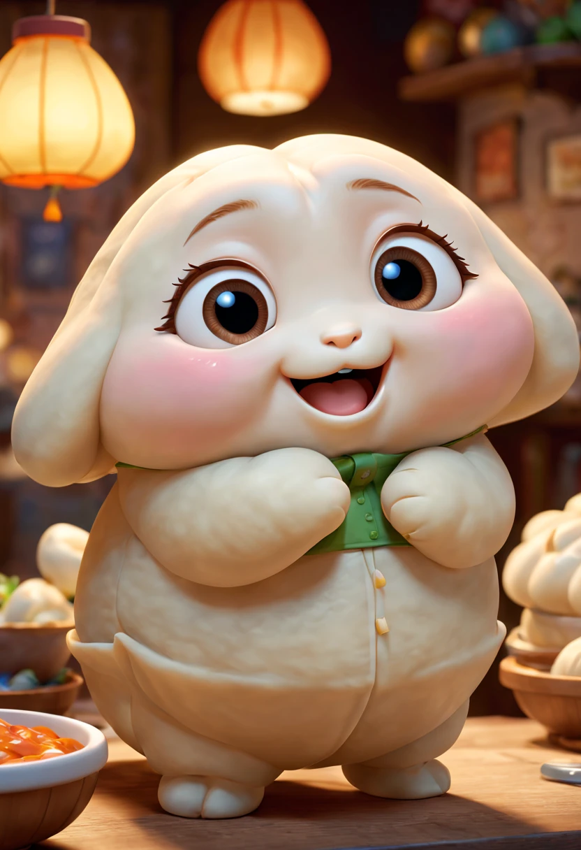 (best quality,3D,ultra-detailed,physically-based rendering), A cute anthropomorphic dumpling,portrayed in Pixar style, colorful and lively, vivid expressions and emotions, playful and friendly personalities, delicate and realistic textures, dynamic and engaging poses, whimsical and imaginative backgrounds, soft and warm lighting, bright and vibrant colors.