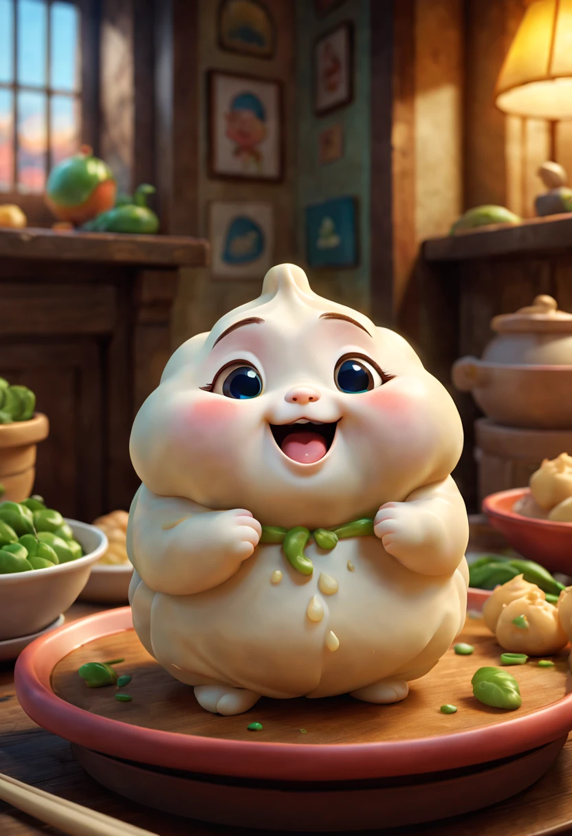 (best quality,3D,ultra-detailed,physically-based rendering), A cute anthropomorphic dumpling,portrayed in Pixar style, colorful and lively, vivid expressions and emotions, playful and friendly personalities, delicate and realistic textures, dynamic and engaging poses, whimsical and imaginative backgrounds, soft and warm lighting, bright and vibrant colors.
