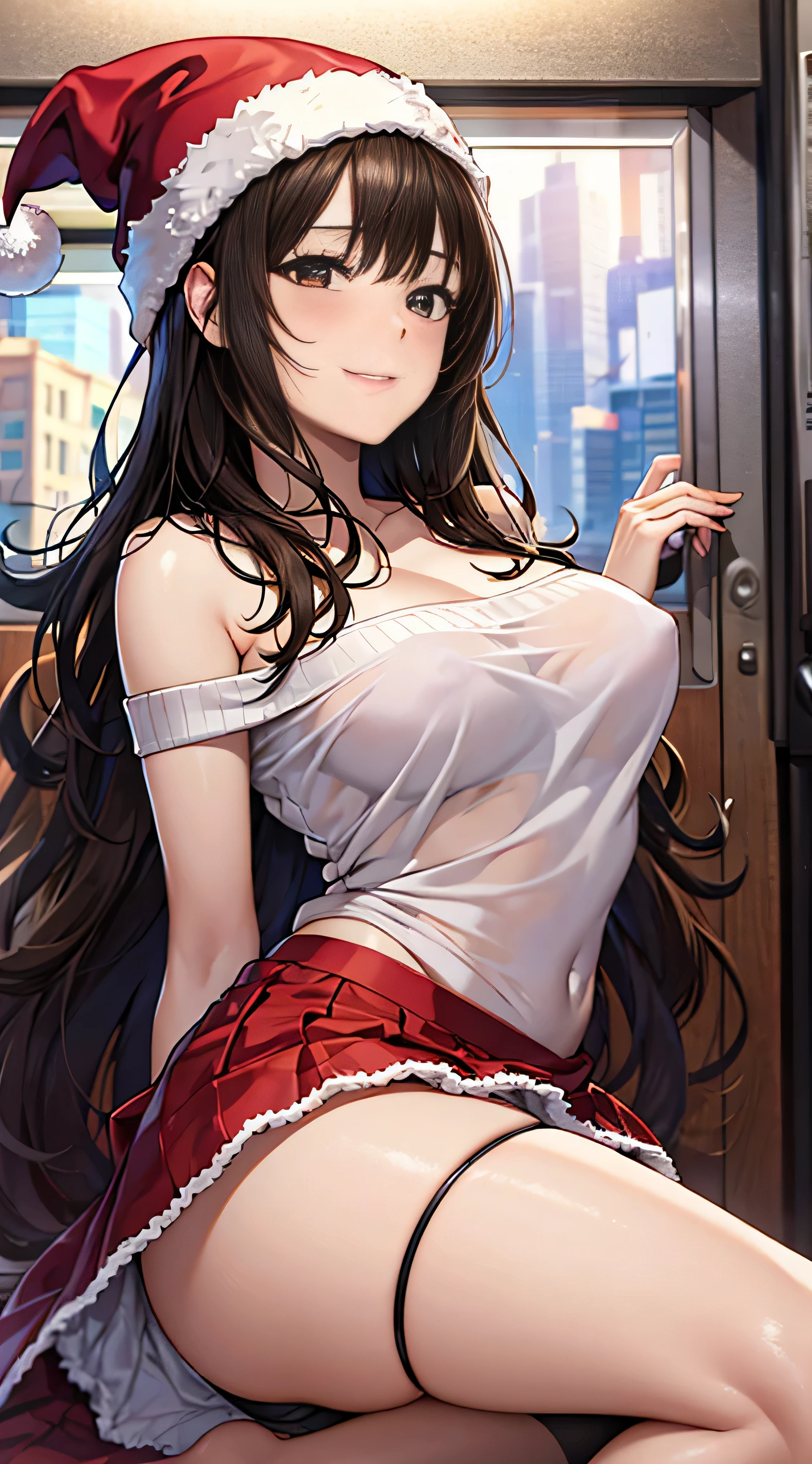 ((masutepiece, Best Quality, hight resolution, nffsw, Perfect Pixel, 4K, nffsw, nffsw))), 1girl in, Single, Solo, Beautie、full body seen、 ((Middle Wave Hair, Bangs, Brown hair)), ((Brown-eyed, Beautiful eyelashes, Realistic eyes)), ((Detailed face, Blushing:1.2)), ((Smooth texture:0.75, Realistic texture:0.65, Photorealistic:1.1, Anime CG style)), medium , Dynamic Angle, Perfect body, ((Santa Claus Costume、Red knitted hat、red and white off shoulder sweater、red and white flared skirt、Black garter stockings、Kamimei、Shy smile、See-through nipplesssrooms without people、Sit on a desk、Lower'I took my foot off the desk............................、early evening、、((Angle looking up from below))、Very embarrassing panic smile、Lift your chest with your hands、Open both legs、Open your knees wide、sexy pink florlace panties)、