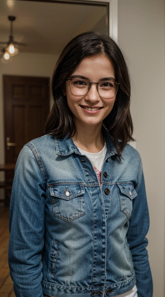 arafed woman with glasses and a denim jacket smiling at the camera, wearing  round glasses, infp young woman, cute slightly nerdy smile, petite, diminutive, entire body visible, full body, hyperrealistic, real human skin, best quality, 8K, masterpiece, extremely intricate, detailed eyes, detailed face, detailed body, exaggerated features, pronounced features, fujifilm