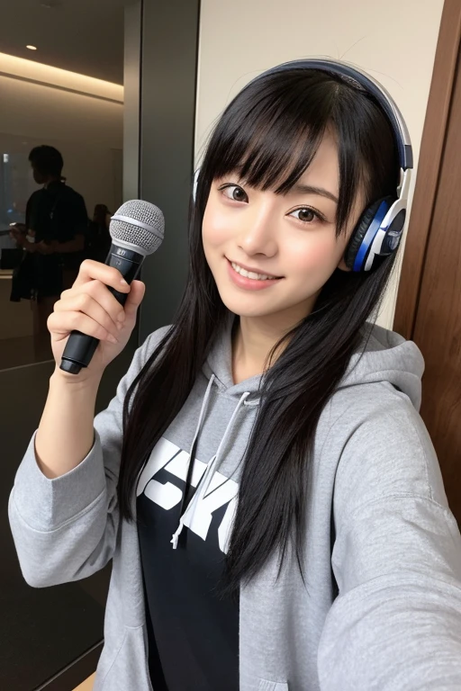 8k,beautiful,Grin,19 years old, Bob with bangs, Black hair, Medium Hair, Room, Hoodie, Japanese, Voice actor, headphone, speak at a microphone, real, photo real, realistic Japanese cute, 8k, RAW photo, best quality, masterpiece, realistic, photo-realistic, clear, professional lighting, beautiful face, best quality,ultra high res, Style: hyper-realistic photograph, (with a book in hand), microphone, (front of microphone), read a book, Sony α7, 35mm Lens, f1.8, medium format, soft lighting, by Daniel F Gerhartz, intricate, super highly detailed, trending in pinterest, sharp focus ,portrait photography,detailed skin,real person,Japanese girly make-up,  jirai make-up