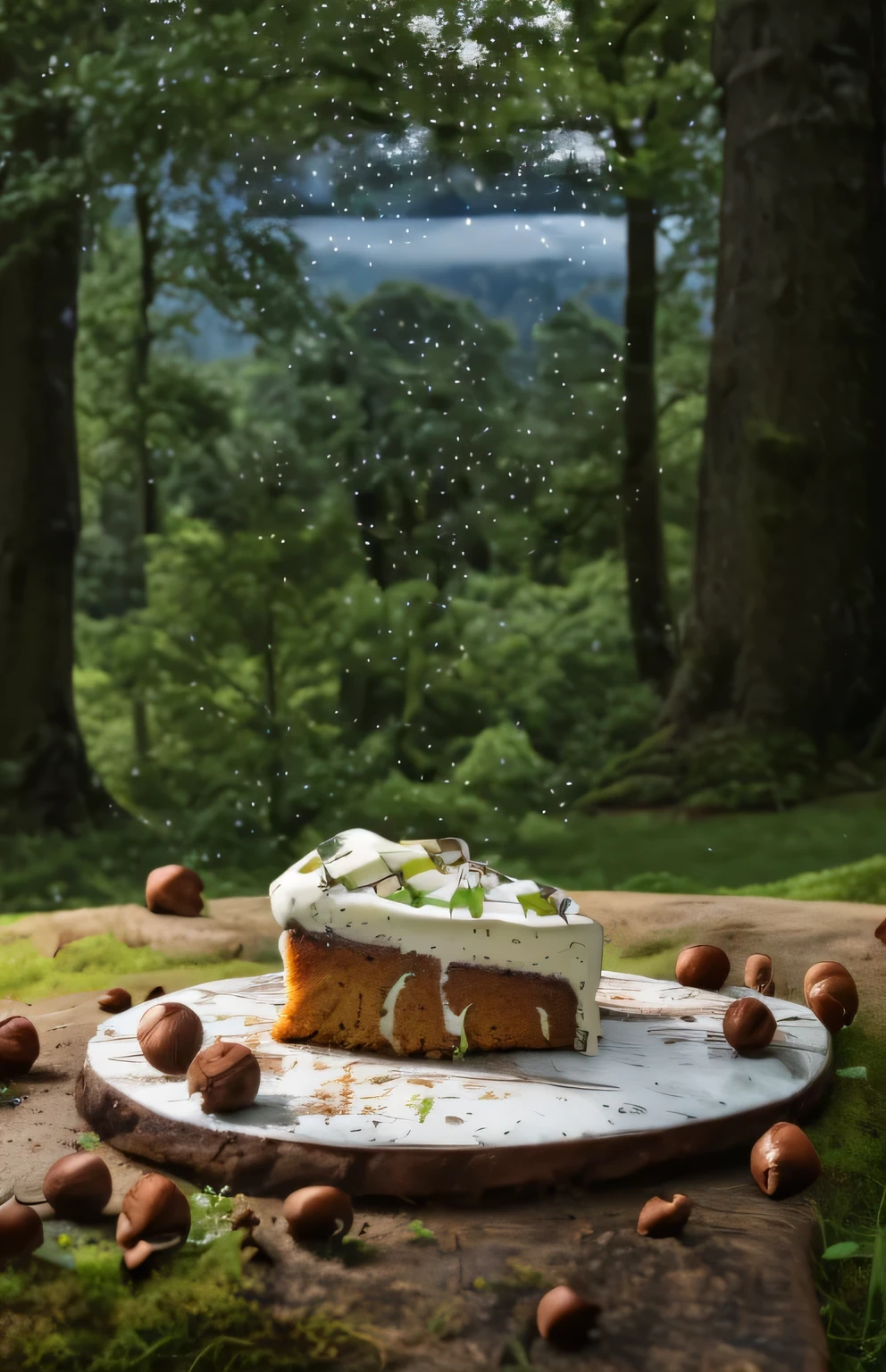 chestnut cake，On a meadow，Surrounded by tall trees，In the distance are rolling mountains and blue sky and white clouds