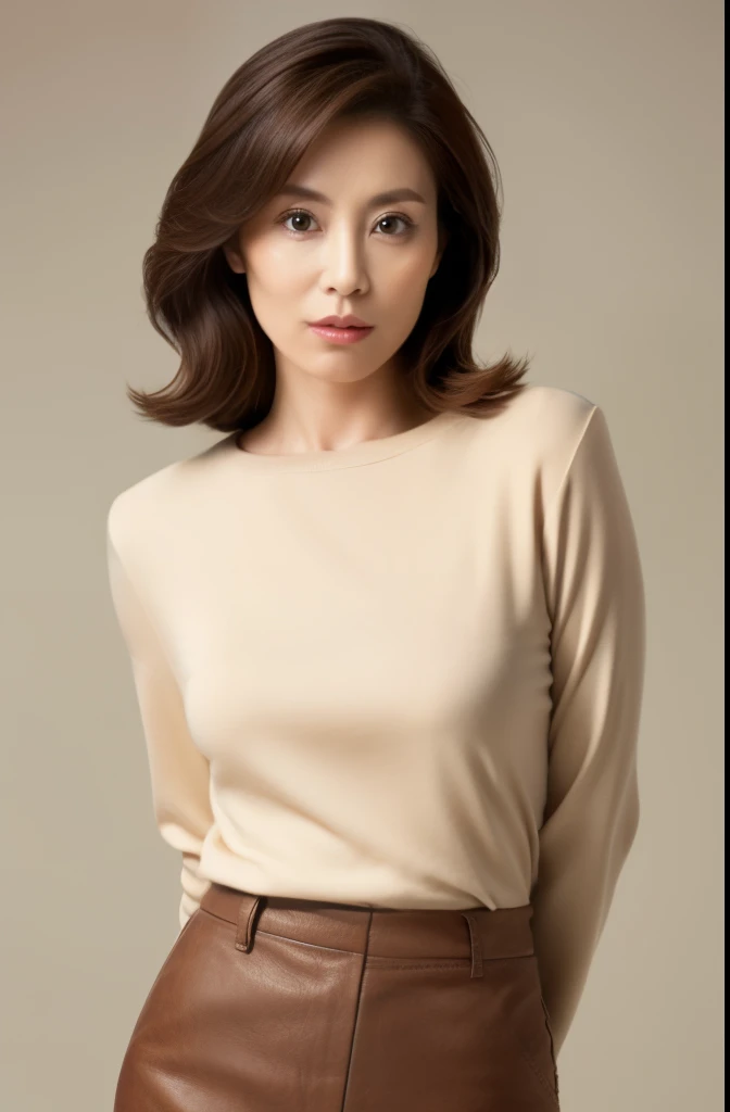 masuter piece, top-quality, masterpiece, hight resolution, Photorealsitic, sharp, Raw photography, 8k wallpaper, flawless, profetional lighting, ighly detailed, depth of fields,Pale solid color background, ((one beautiful women, japanese mature)), (80years old)), Female sexy, Detailed face, beautidful eyes, bangss, small breasts of good shape, Light Brown Straight Hair, Faint lips, ((standing at front、Staring at the viewer, serious face eyes.)), Sweaters, skirt by the, fully body photo, cowboy shot