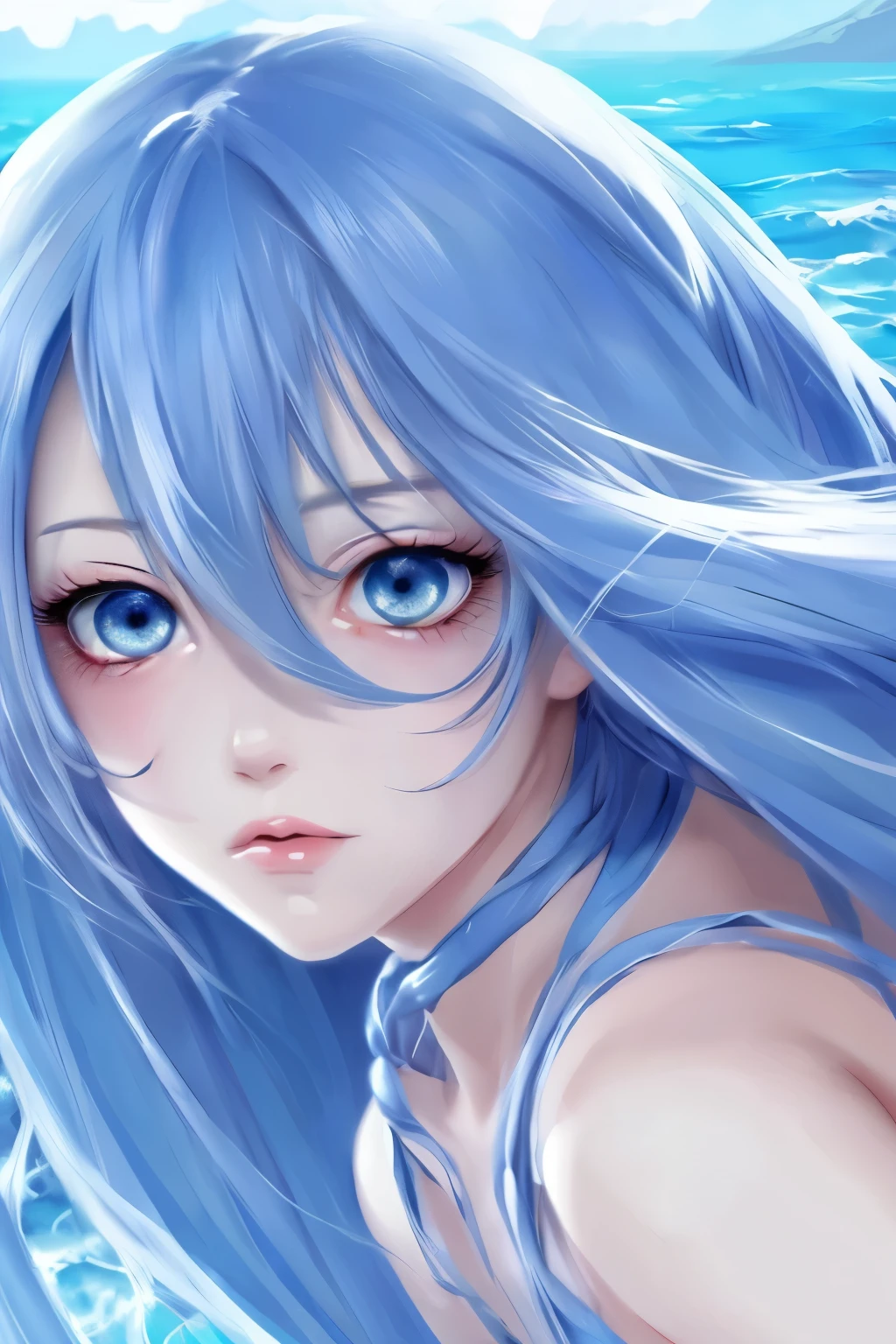 extremely detailed eyes and face perfect anatomy blue sea beautiful girl anime fantasy