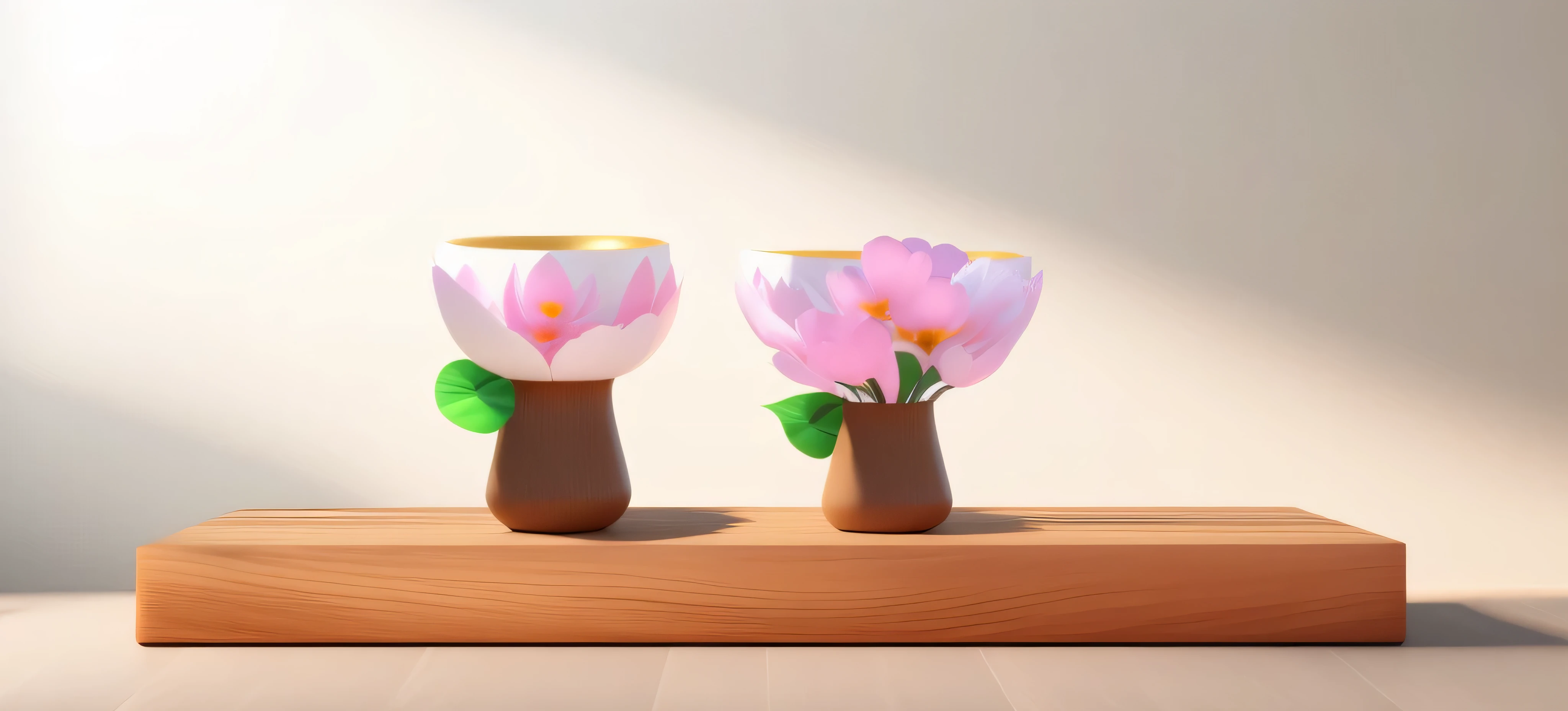 there are two vasess with flowers on them on a wooden stand, flower pots, designed in blender, japanese collection product, 3d product, Product design renderings, ceramics, stylized 3d, cute design, glazed ceramics, highly detailed scene, stylized as a 3d render, 3d product渲染, detailed scene, Beautiful kawaii lamp, vases,style of anime, Ray traching, depth of fields, lightand shade contrast, 电影灯光, hyper HD, 8K, high qulity, super detailing, high detal, Award-Awarded, acurate