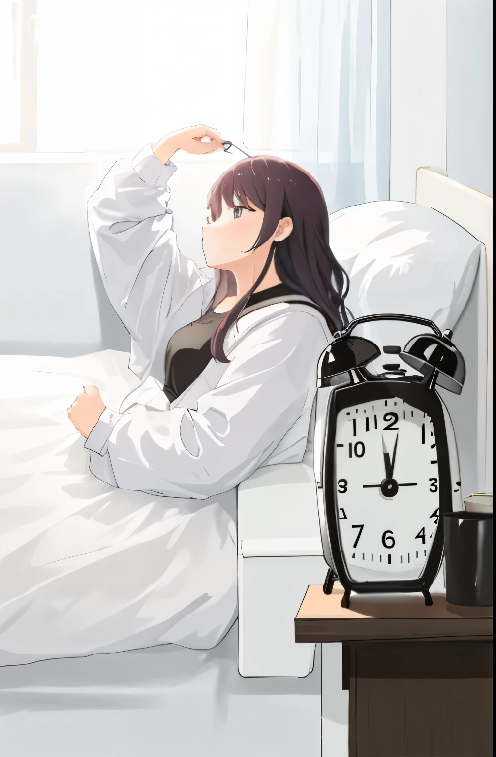 alarm clock正面,一个女人在Go to bed,alarm clock,It's already late at night, time dragging on for too long, Go to bed, during night,