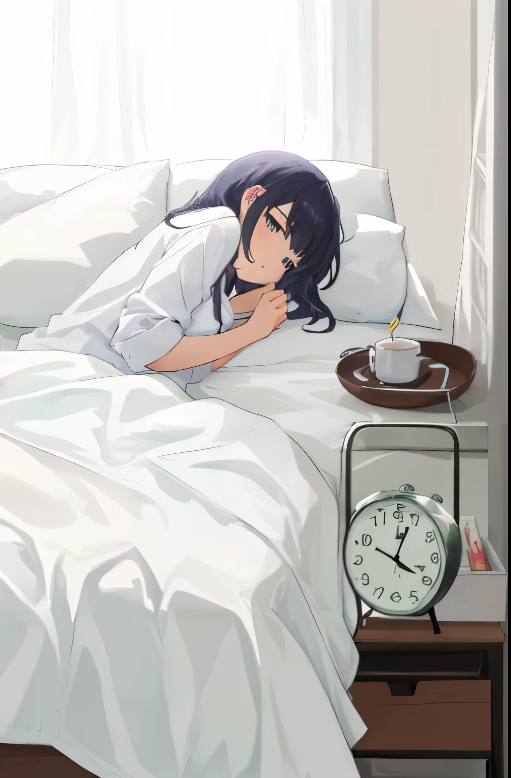 alarm clock正面,一个女人在Go to bed,alarm clock,It's already late at night, time dragging on for too long, Go to bed, during night,