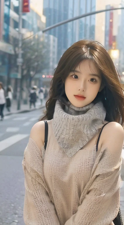 (Colossal tits、Turtleneck sweater、shoulder bags)、(quality,masterpiece:1.3,超高分辨率,),(ultra - detailed,Caustics),(真实感:1.4,RAW shooting,)Hyper-realistic capture,A very detailed one,HD 16K human skin、 Natural skin texture、、Skin looks healthy、even skintone、 Use natural light and color,A woman who is,,,kawaii,A brunette one,mid hair,(depth of fields、color difference、、Wide range of lighting、naturalshadow、)、(Hair swaying in the wind:1.2)、Streets of Tokyo