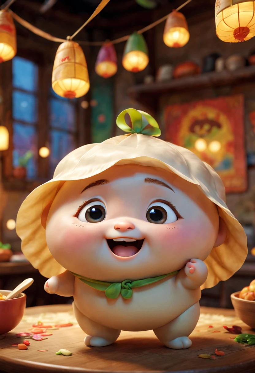 (best quality,3D,ultra-detailed,physically-based rendering), A cute dumpling,portrayed in Pixar style, colorful and lively, vivid expressions and emotions, playful and friendly personalities, delicate and realistic textures, dynamic and engaging poses, whimsical and imaginative backgrounds, soft and warm lighting, bright and vibrant colors.