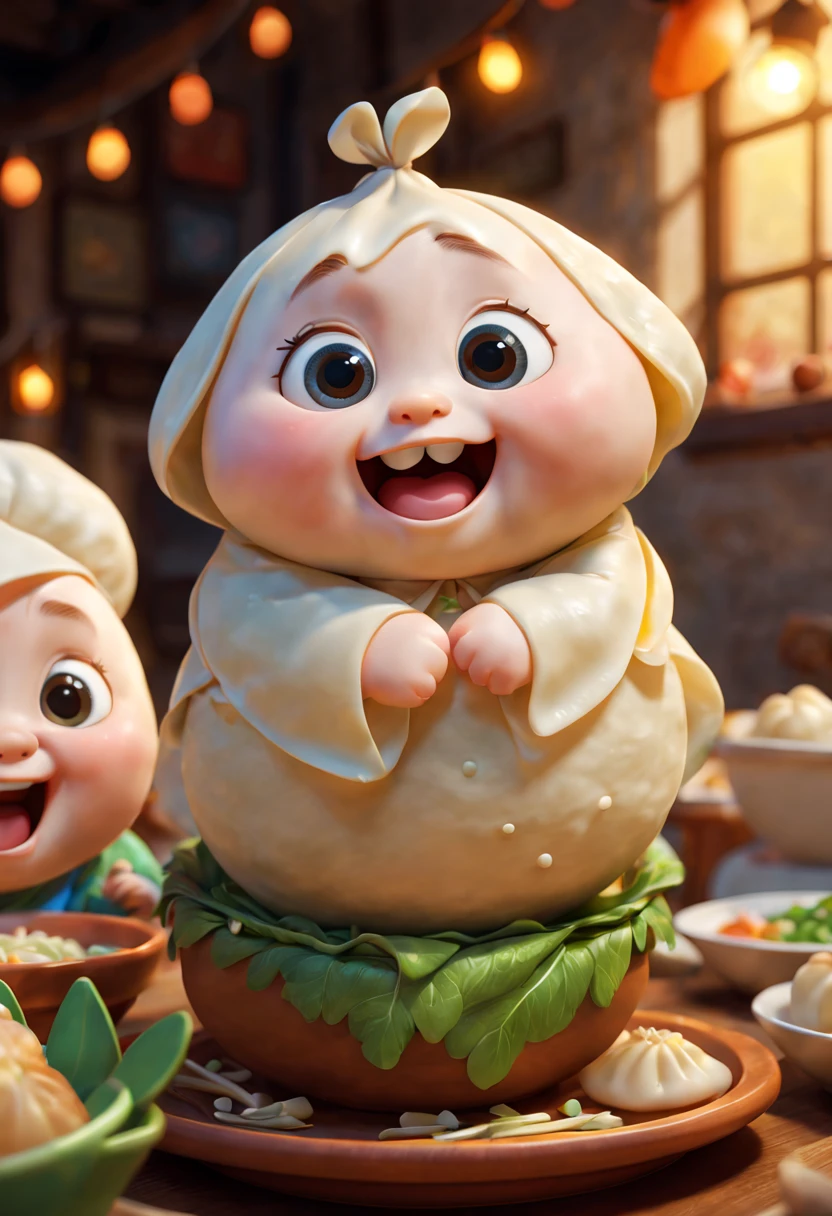 (best quality,3D,ultra-detailed,physically-based rendering), A cute dumpling,portrayed in Pixar style, colorful and lively, vivid expressions and emotions, playful and friendly personalities, delicate and realistic textures, dynamic and engaging poses, whimsical and imaginative backgrounds, soft and warm lighting, bright and vibrant colors.