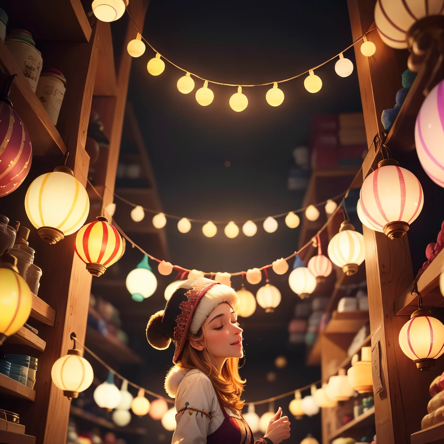In the photo, the atmosphere of comfort and conviviality reigns in the online store. Soft lighting of garlands and lamps creates a play of light and shadow, giving each product a magical aura. Garland, like magic threads, intertwined along the shelves, illuminating the products and creating a unique magical moment, inviting customers on a virtual journey through the holiday assortment.