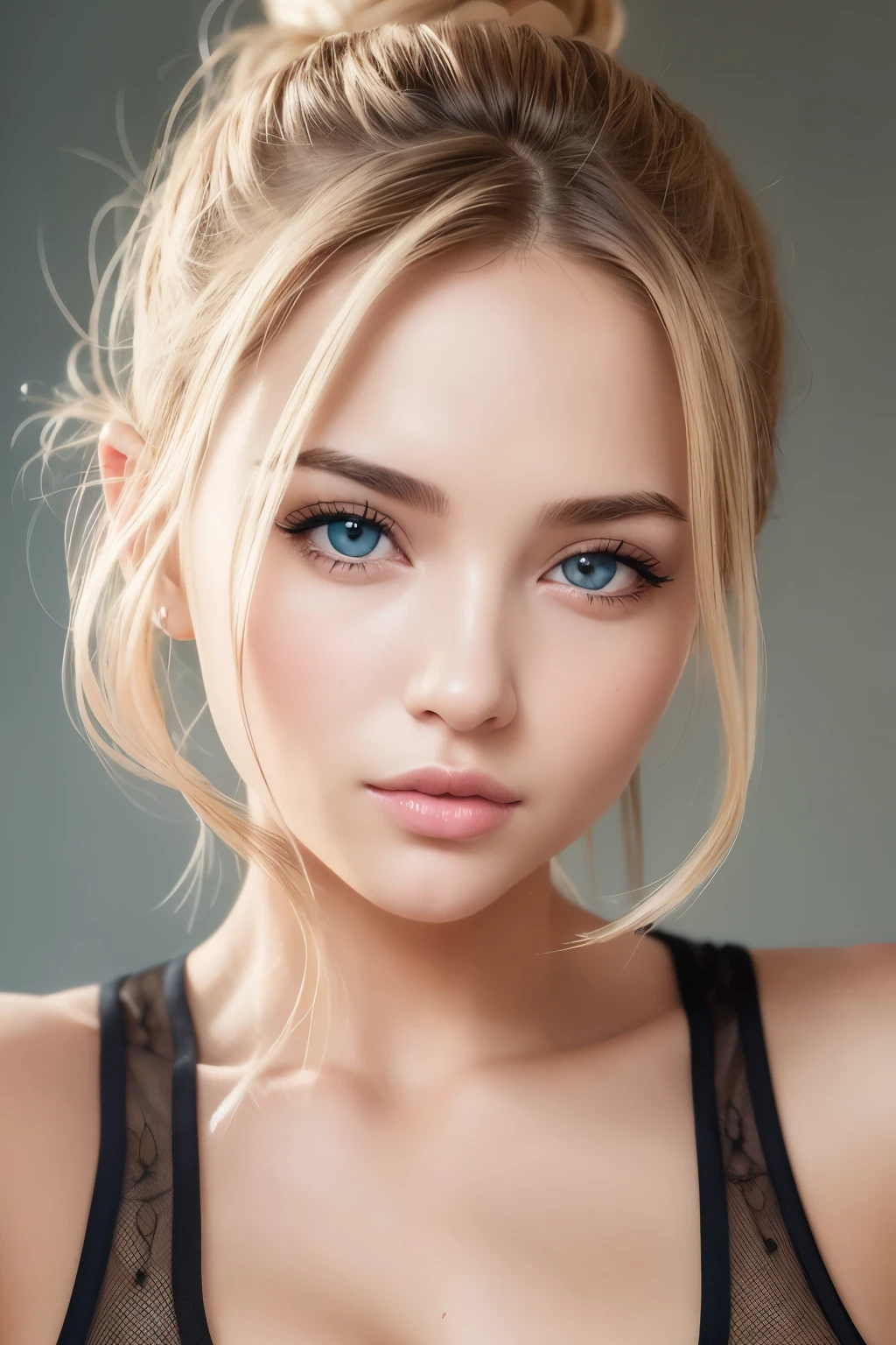 Sexy woman, portrait of face, directly at camera, 22 years old, looking straight at camera, sport, healthy skin, big eyes, big lips, perfect lips, perfect eyebrows, headshot, blond hair, Realistic, Photography, Natural, workout, blue eyes, face shot, portrait, hair up, hair in bun, no bangs, seductive smile