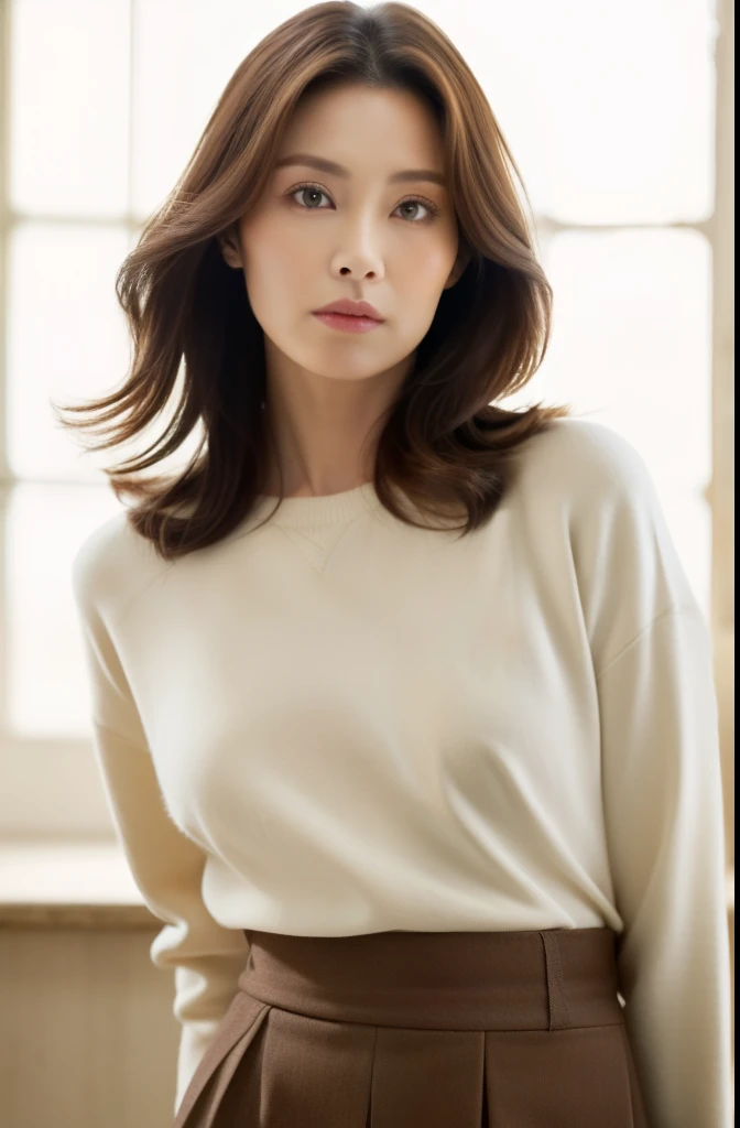 masuter piece, top-quality, ​masterpiece, hight resolution, Photorealsitic, sharp, Raw photography, 8k wallpaper, flawless, profetional lighting, ighly detailed, depth of fields,Pale solid color background, ((one beautiful women, japanese mature)), (80years old)), Female sexy, Detailed face, beautidful eyes, bangss, small breasts of good shape, Light Brown Straight Hair, Faint lips, ((standing at front、Staring at the viewer, serious face eyes.)), Sweaters, skirt by the, fully body photo, cowboy  shot