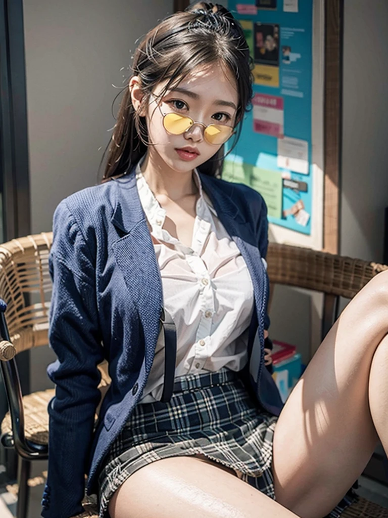 ulzzang-6500-v1.1, (Raw photo:1.2), (Photorealistic:1.4), Beautiful detailed girl, Very detailed eyes and face, Beautiful detailed eyes, Ridiculous, Incredibly ridiculous, Huge file size, Ultra detailed, High Definition, Very detailed, Best quality, Masterpiece, Kemomimi, ((Japan Girls' High School Uniform)), Illustration, Very detailed, CG, Unification, 8k wallpaper, amazing, fine detail, masterpiece, best quality, highly detailed cg uniform 8k wallpaper, face light, movie lighting, 1 girl, 18 years old, (without panties)), (with glasses), (dynamic pose))), (camel toe), (half), (bent knees and legs sitting)),nude ,show tits,big breasts,show pussy ,not wear panty, medium pubic hair