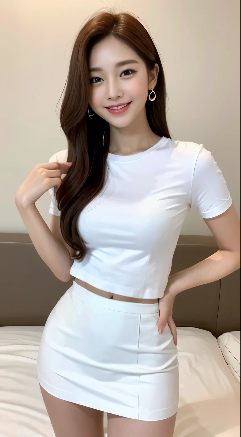 White tight shirt、White tight mini skirt、a bed、a smile、shortsleeves、high-level image quality、Hallyu Idol Face