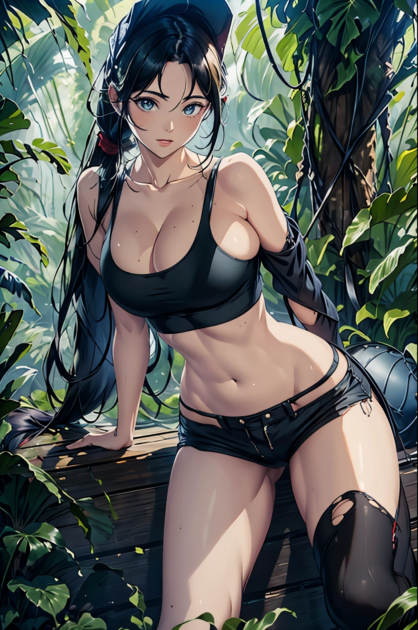 The Painting of a determined woman with long black hair tied in a loose ponytail wearing an explorer hat, an unbuttonned torn blue shirt over a white tank top and beige mini shorts. She has brown traveling boots. She walks through the ruins of a forgotten mesoamerican temple in the depths of a jungle as the sun is setting down on the horizon. realistic Anime Style, natural color palette, highly detailed, torn clothes, detailed background