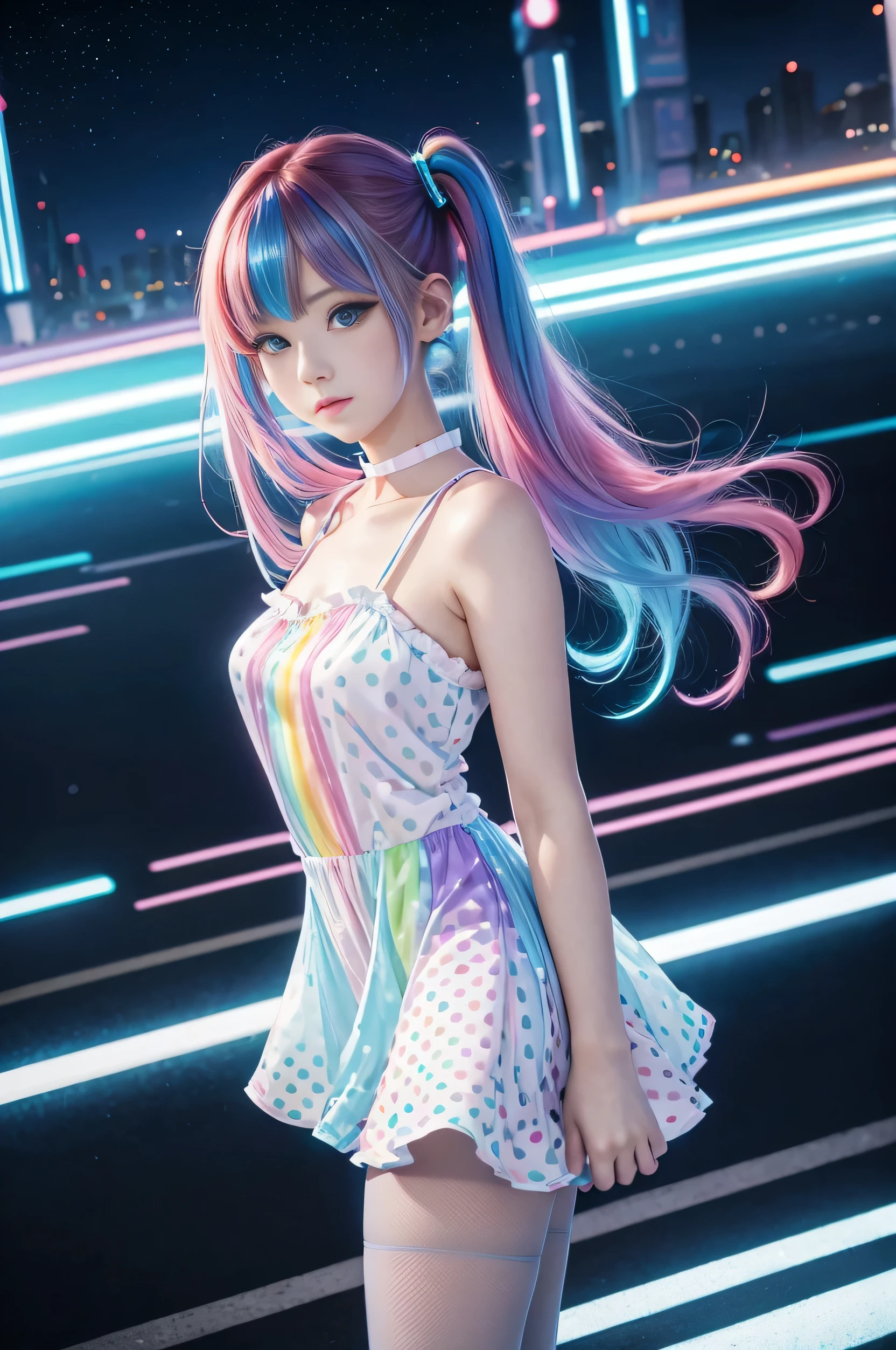 Cute redhead, gravure Idol, with rainbow colored hair tips, ribbons in her hair, 18-year-old woman, happy, in twin tails, perfect symmetrical eyes, clear sparkling blue eyes, pale skin, silky smooth skin, standing on a futuristic ((TRON: 1.2)) city street, night time, soft lighting, wearing a futuristic party dress, pleated (chemise) mini dress (pastel rainbow colors, and polka dots), wearing full body pantyhose, cute short cut booties.