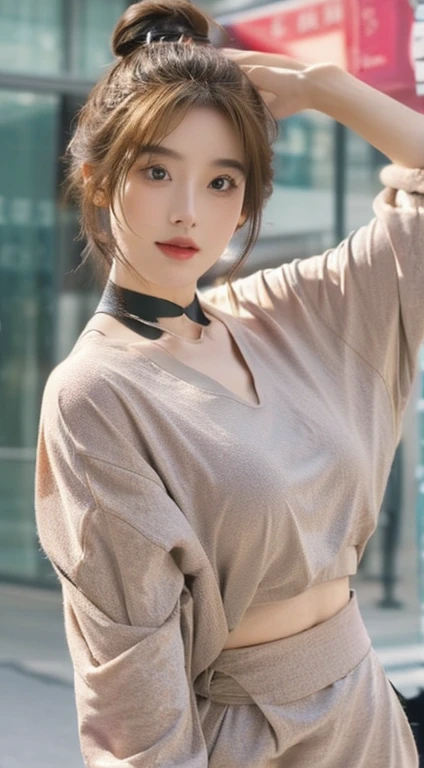 ((masterpiece))), 超高分辨率, (8K), (((looks surreal))), quality, ultradetailed, anatomically correcte, lighting like a movie, super beautiful woman, sexy 24 year old woman, 1人の女性, (1 female), Goose egg face, pretty face, 半ssmile, ssmile, natural makeup, 详细Large眼睛, 二重まぶた, Detailed eyebrows, Thick lip, Medium hair, Medium hair, hair-bunstyle, hair-bun, Brown hair color, Brown hair color, detailed skin textures, Glossy glossy skin, (Large胸:1.3), beautiful constriction, (Large:1.2), beautiful hand, pretty legs, beaturiful body, Detailed and perfectly fitted clothing, Silver tracksuit, Black mid-waist, choker necklace, Posture with open arms, arms extended pose, from front angle, Front camera angle, cow boy shot, Composition above the waist, looking at viewert, looking at the camera in, Background with:(晚上18点夕阳西下Large海)
