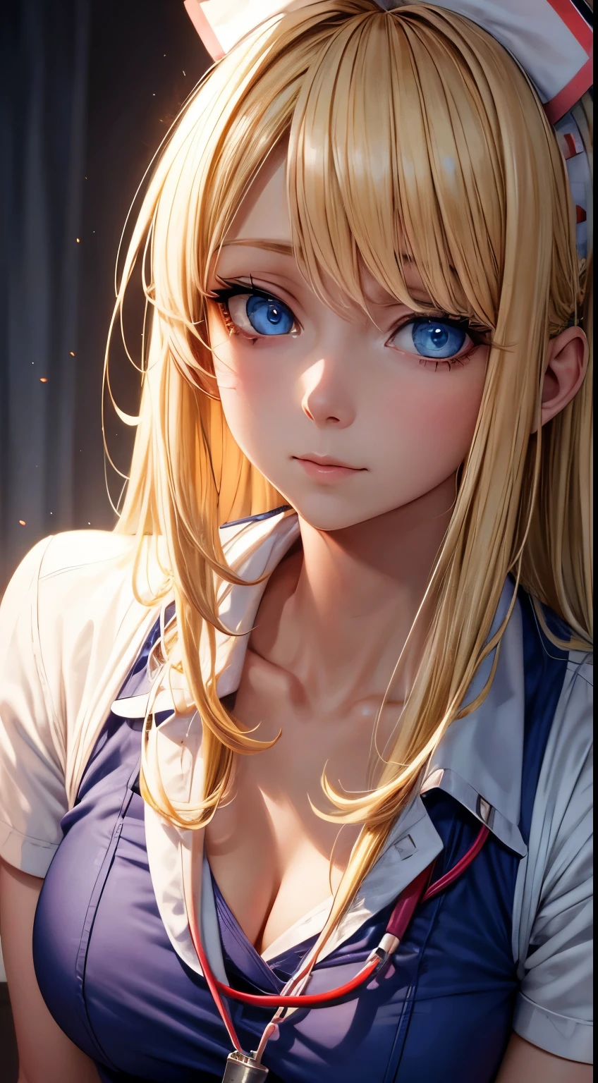 Nurse costume, blonde hair, blue eyes, medical accessories, caring expression, ambient light, cinematic angle, high resolution.