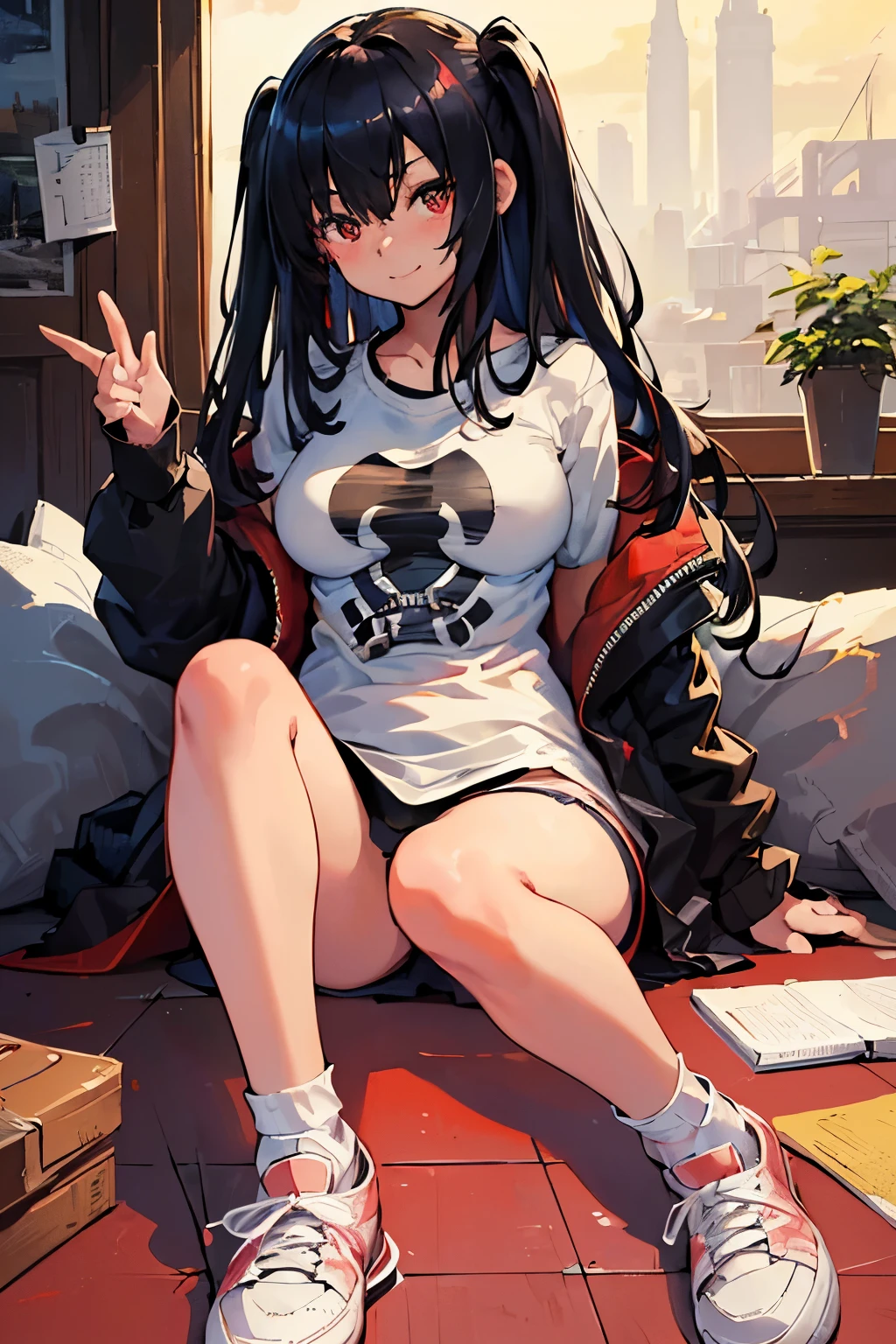 (best quality:1.3), (masterpiece:1.3), (illustration:1.3), (ultra-detailed:1.3), (imid shot:0.9), 1girl, black hair, long hair, red eyes, bangs, hair between eyes, smile, large breasts, blush, two side up, indoors, black jacket, white shirt, closure arknights, sitting, sneakers, white socks,