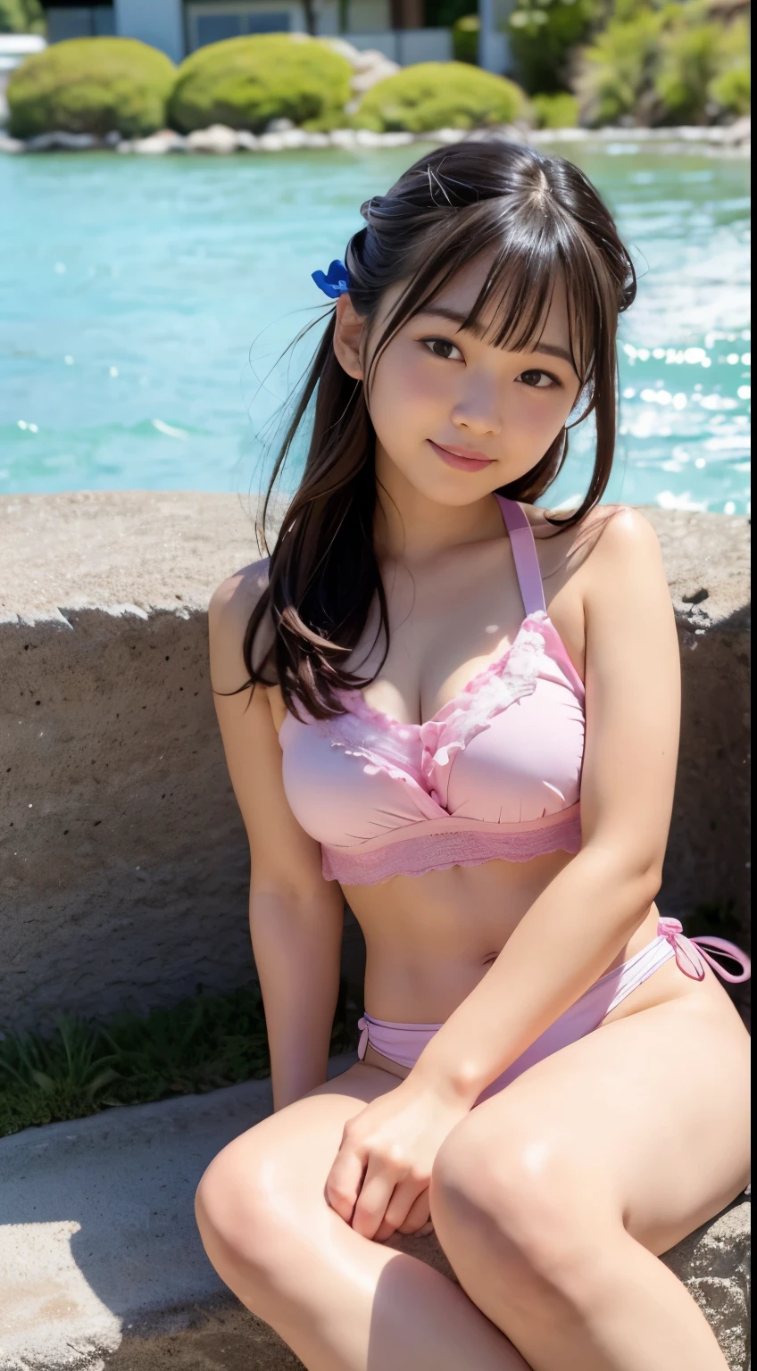 Pink swimwear, Sitting, From below, 14years, (japanaese girl), hair scrunchie, (Low contrast:1.1), Smile, (masutepiece:1.1), (highlydetailed skin), (Extremely detailed visual quality:1.0), (超A high resolution:1.0) ,(photographrealistic:1.2), (ultra-detailliert:1.0), (8k RAW photo:1.1)