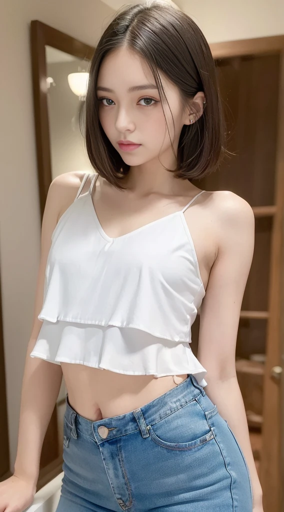 (Highest quality, 8K, masterpiece:1.2, RAW Photos), Standing in a room, ((15 year old beautiful girl, Baby Face)), Slender body line, (A perfect 8-head-tall beautiful girl), (Small and slender figure), Short Hair, Cute smiling face with mouth closed, Gaze at the viewer, (Small breasts), (Small beautiful hard nipples), ((Demon Slayer camisole and mini pleated skirt:1.2)), Dynamic Pose, 