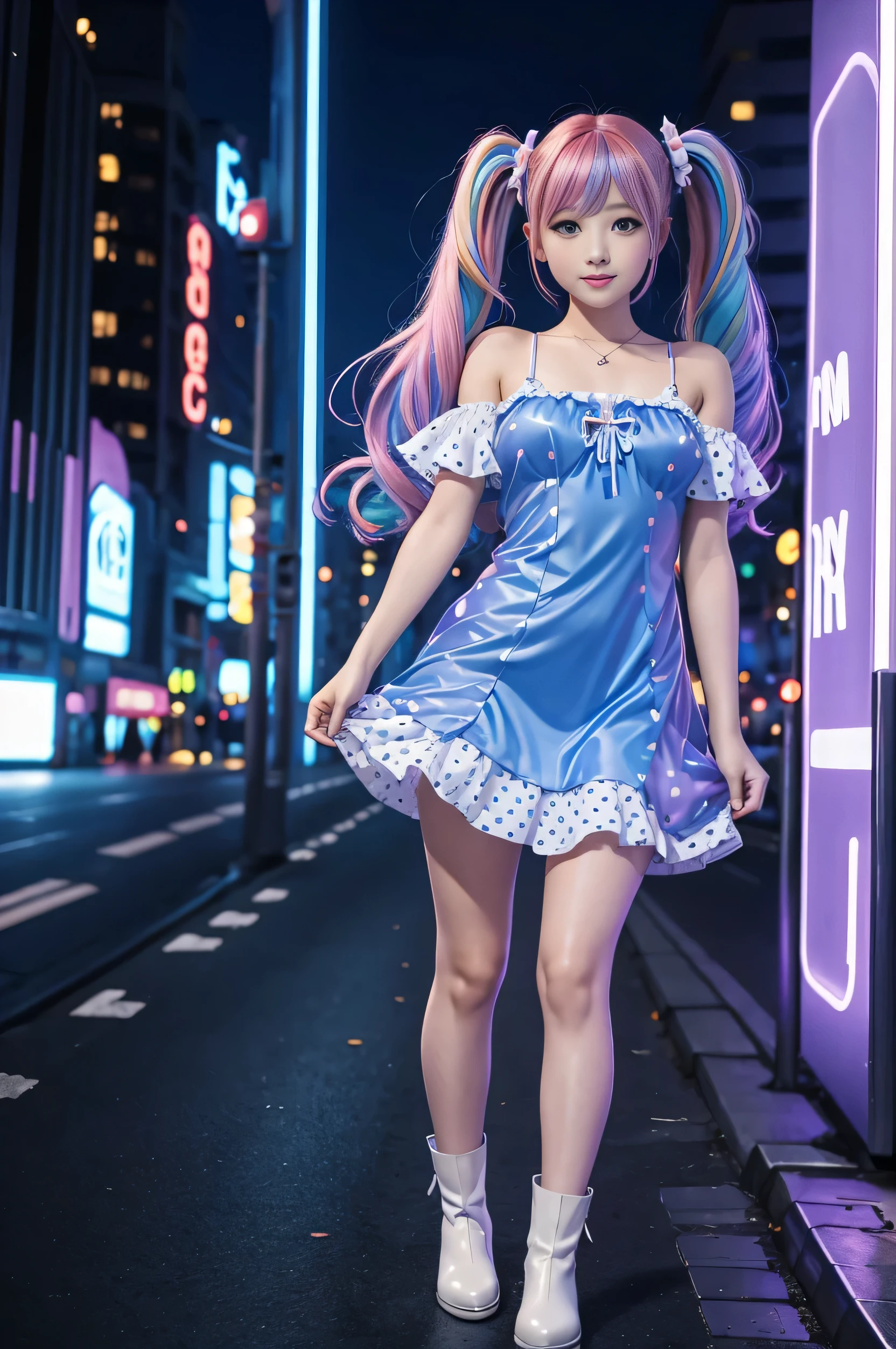 Cute redhead, gravure Idol, with rainbow colored hair tips, ribbons in her hair, 18-year-old woman, happy, in twin tails, perfect symmetrical eyes, clear sparkling blue eyes, pale skin, silky smooth skin, standing on a futuristic ((TRON: 1.2)) city street, night time, soft lighting, wearing a futuristic party dress, pleated (chemise) mini dress (pastel rainbow colors, and polka dots), wearing full body pantyhose, cute short cut booties.