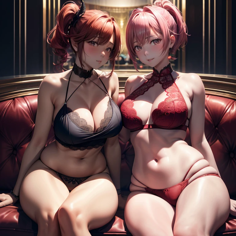 (Best Quality, 4K, 8K, hight resolution, masutepiece:1.2), Pink hair、bobhair、her breasts are beautiful and big。you are twins。Chained by a collar。twins spread their legs。The curves of the body are smooth and disgusting.。Take a close-up photo of only the face。The twins spread their legs。Twins, put your butts on the bed.。Clothes: white lace nightgown。