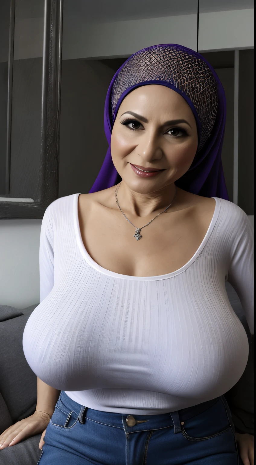 57 Years old, Female, Disco club owner, Hijab Indonesian Mature Woman, Wearing Casual dress, wearing Silver Lace, Realistic wrinkels face, realistic wrinkels breast, Realistic Ultra Gigantic Breast, Breast About to Burst out, PP cup Breast, Seducting Look. Full body, seductive body language, dildo, GIGANTIC breast,