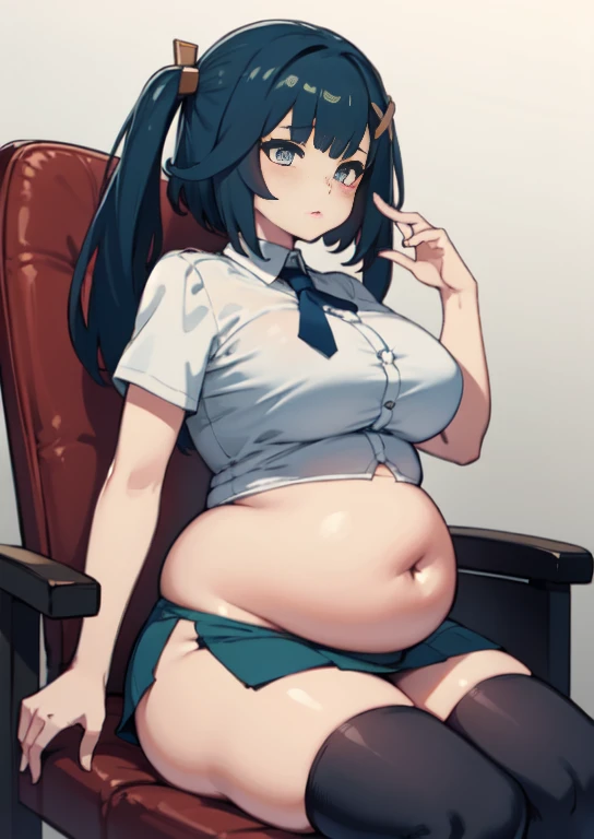 (masterpiece, best quality), 1girls, big belly, blurry background, huge belly, art by kipteitei, round belly, chubby, curvy, white button-up shirt, skirt, thighhighs, simple_background, gradient_background, belly bursting out of shirt, belly grab, enormous belly, fat belly, thicc, bigger belly, sitting on chair, really big belly, jiggly belly, shirt covering belly, belly cover by shirt