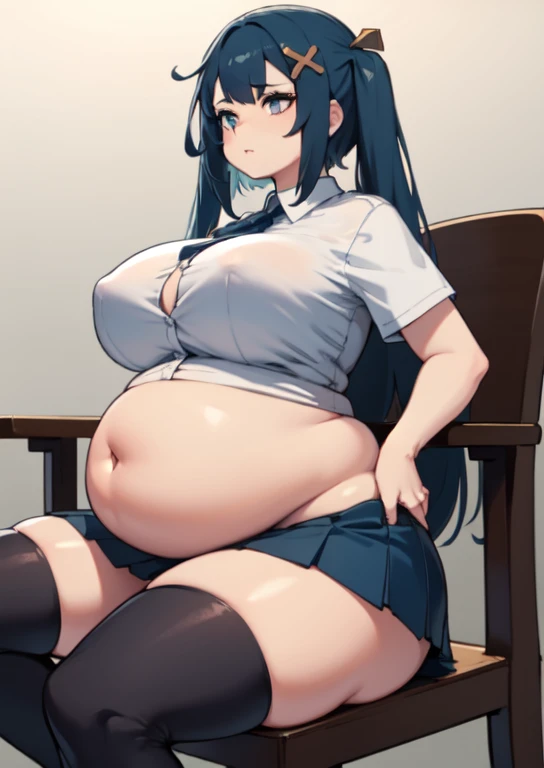 (masterpiece, best quality), 1girls, big belly, blurry background, huge belly, art by kipteitei, round belly, chubby, curvy, white button-up shirt, skirt, thighhighs, simple_background, gradient_background, belly bursting out of shirt, belly grab, enormous belly, fat belly, thicc, bigger belly, sitting on chair, really big belly, jiggly belly, shirt covering belly, belly cover by shirt