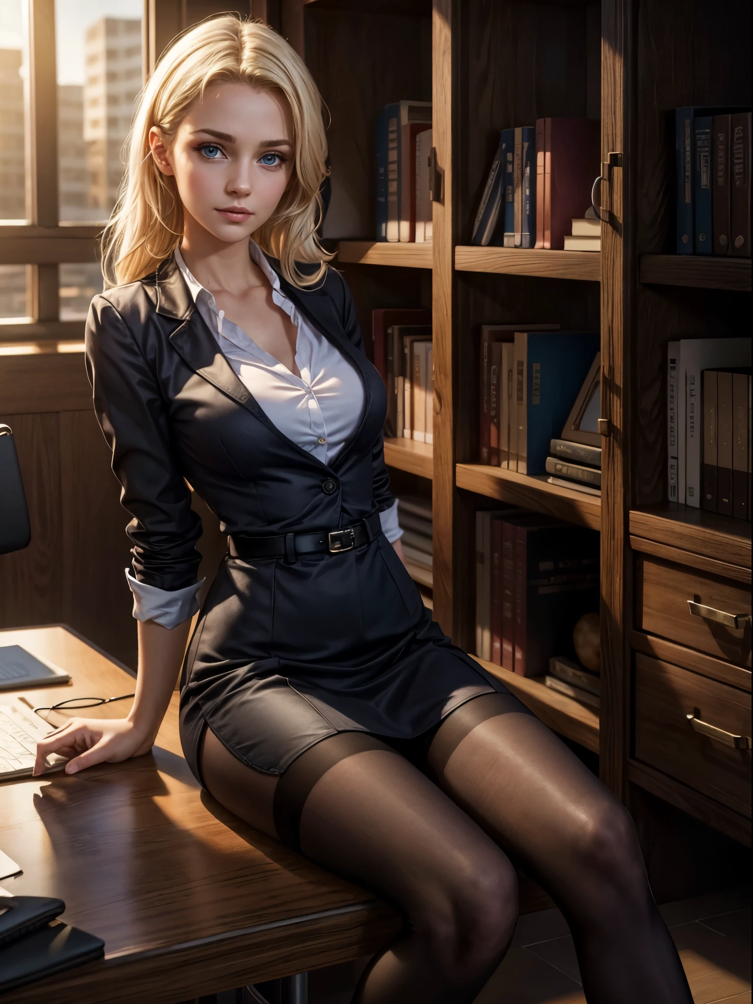 blond woman in a black suit sitting in a chair in an office, wearing a strict business suit, hyperrealistic schoolgirl, sat at her desk, a hyperrealistic schoolgirl, perfect white haired girl, realistic schoolgirl, in the office, 2 b, 2b, in strict suit, in a strict suit, sat in an office, on a desk